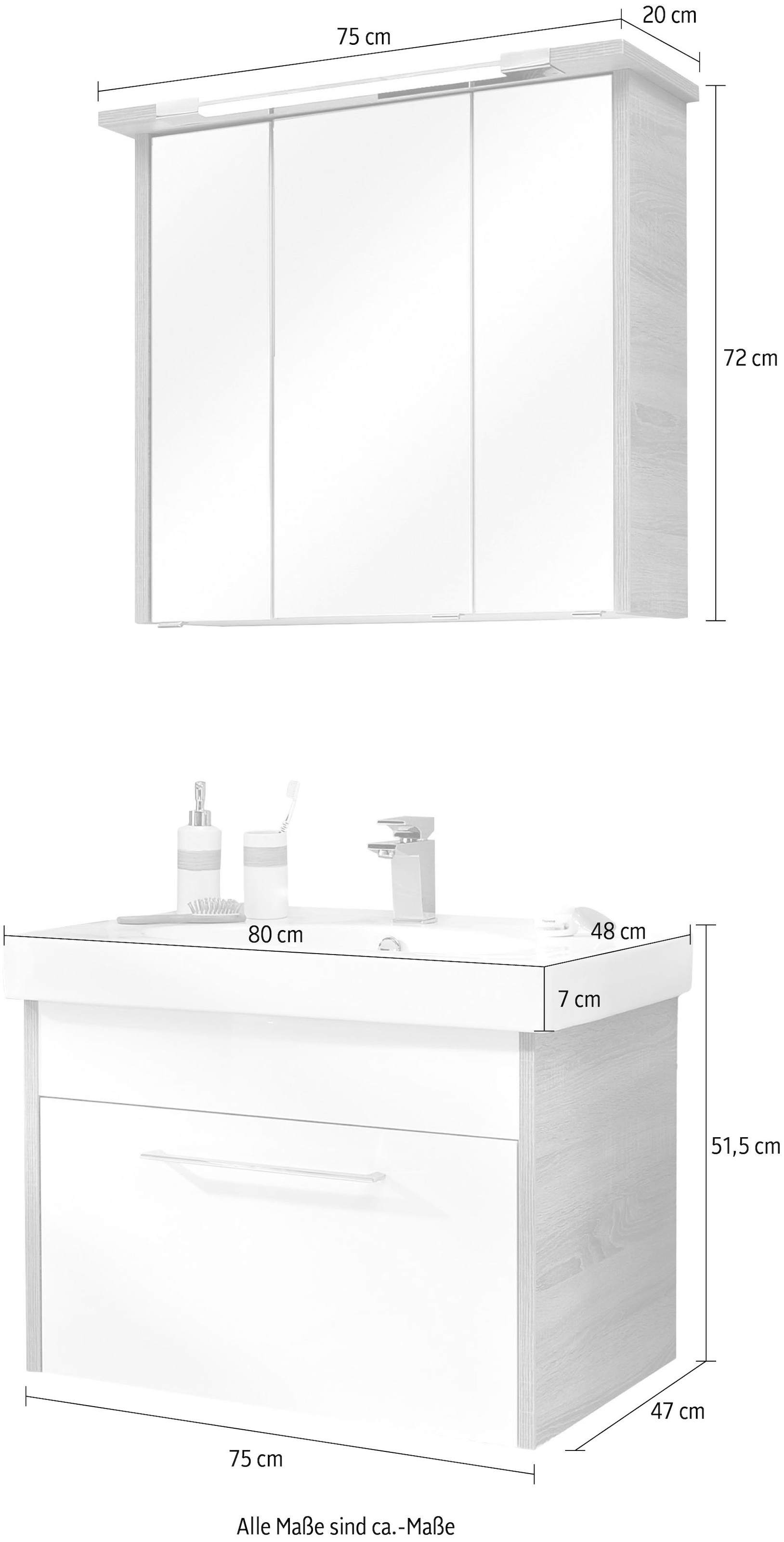Saphir Badmöbel-Set »Quickset 382 2-teilig Keramik-Waschtisch mit LED-Spiegelschrank« 2 Stk. tlg.