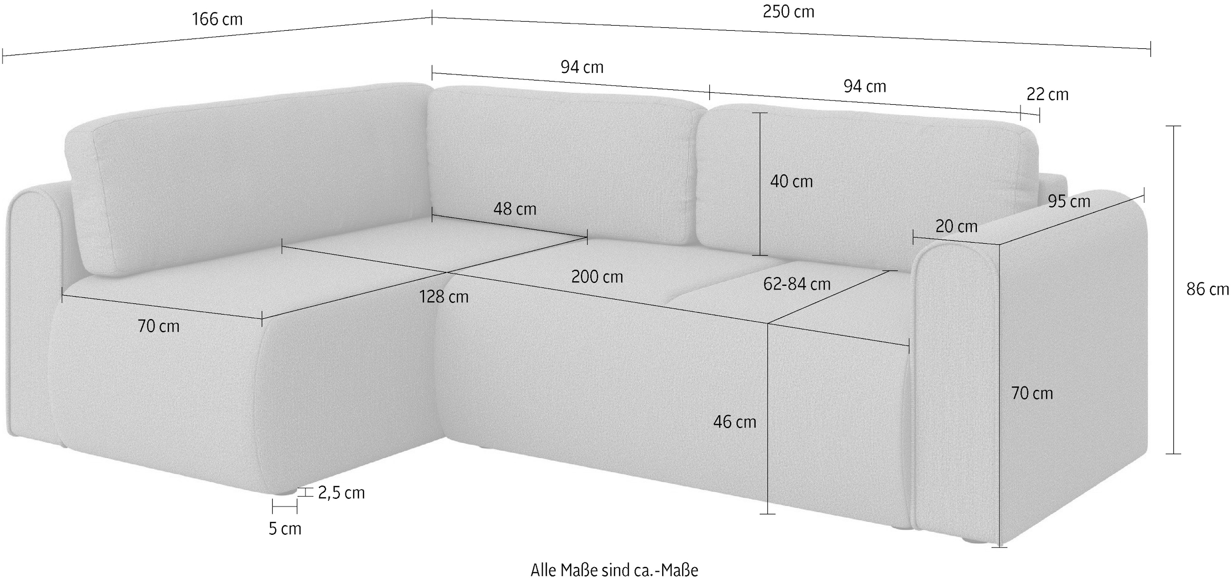 INOSIGN Ecksofa »Ecksofa Zacharia wahlweise mit Bettfunktion, BxTxH 250x166x86 cm«, L-Form mit Wellenunterfederung, Recamiere beidseitig montierbar