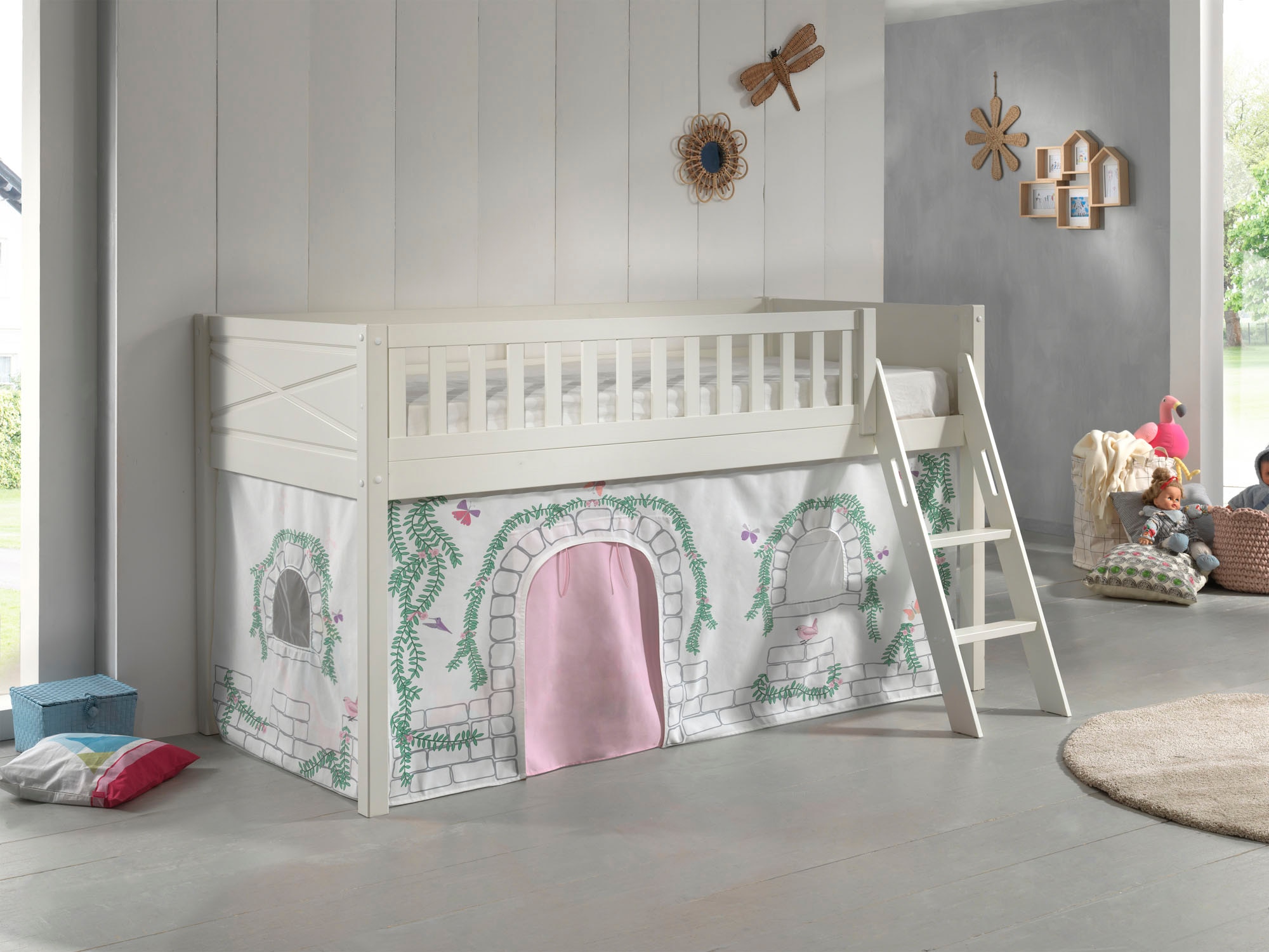 Vipack Hochbett »Scott«, (Made in Europe), mit schräger Leiter, LF 90x200 cm, Vorhang, Tunnel, 4 Designs
