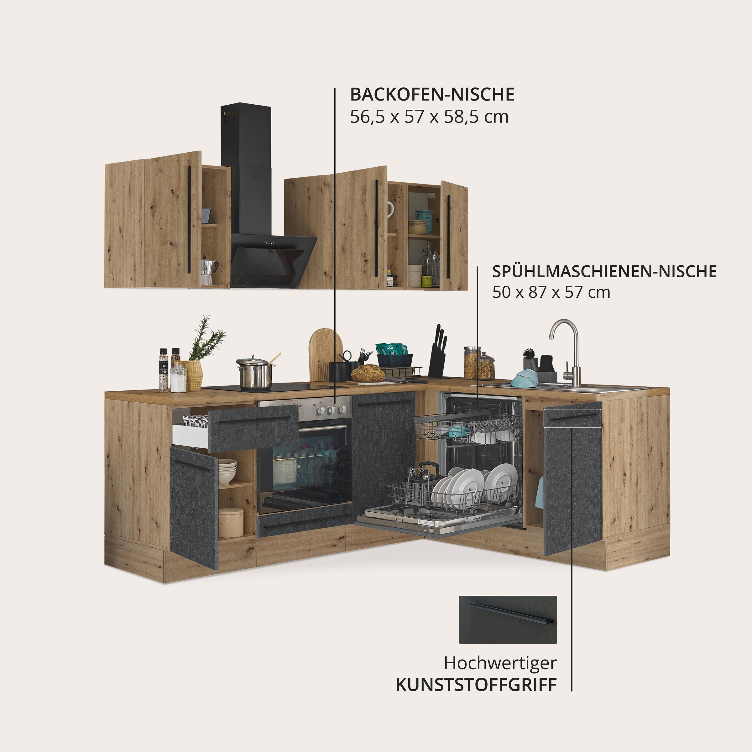 KOCHSTATION Winkelküche »Florida, Stellbreite 220x175 cm« wahlweise mit E-Geräten, mit Softclose für Türen und Schubkästen