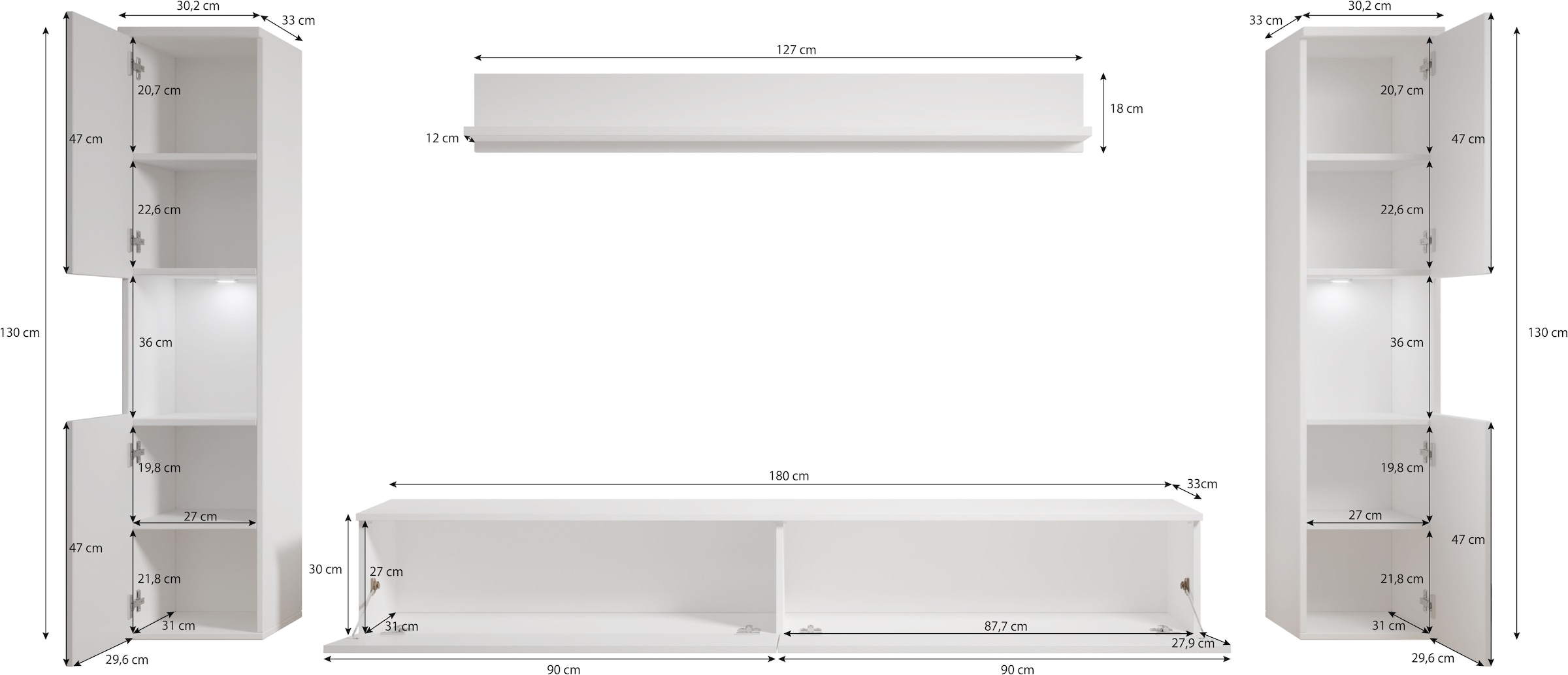 INOSIGN Wohnwand »PARIS, Vitrine Türanschlag links/rechts wechselbar«, (Komplett-Set, 4 St.), grifflose Design, stehend und hängend montierbar