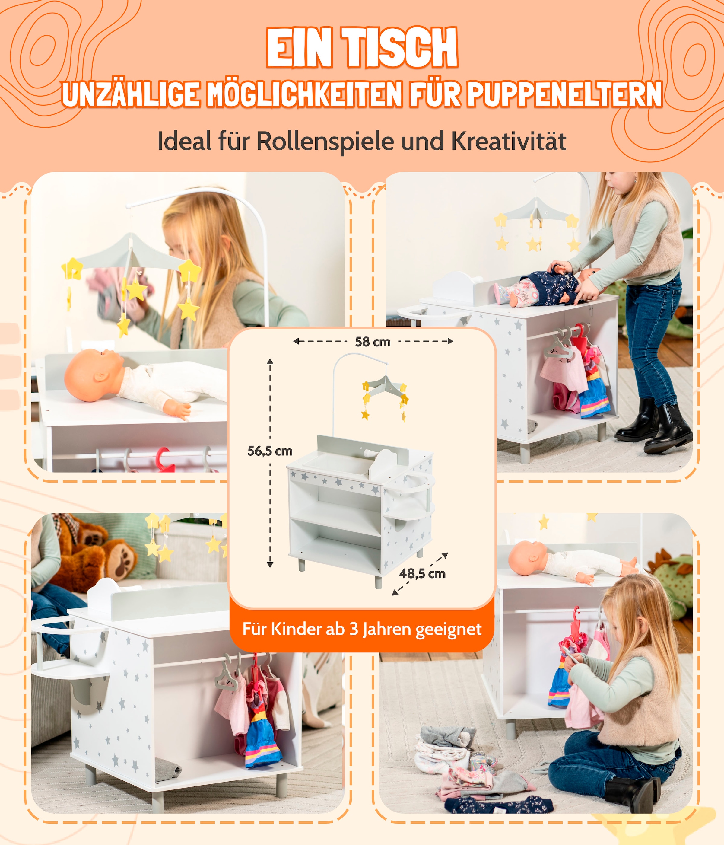 CHIC2000 Puppenwickeltisch »Puppen-Wickelstation Stars grey«, mit Mobile