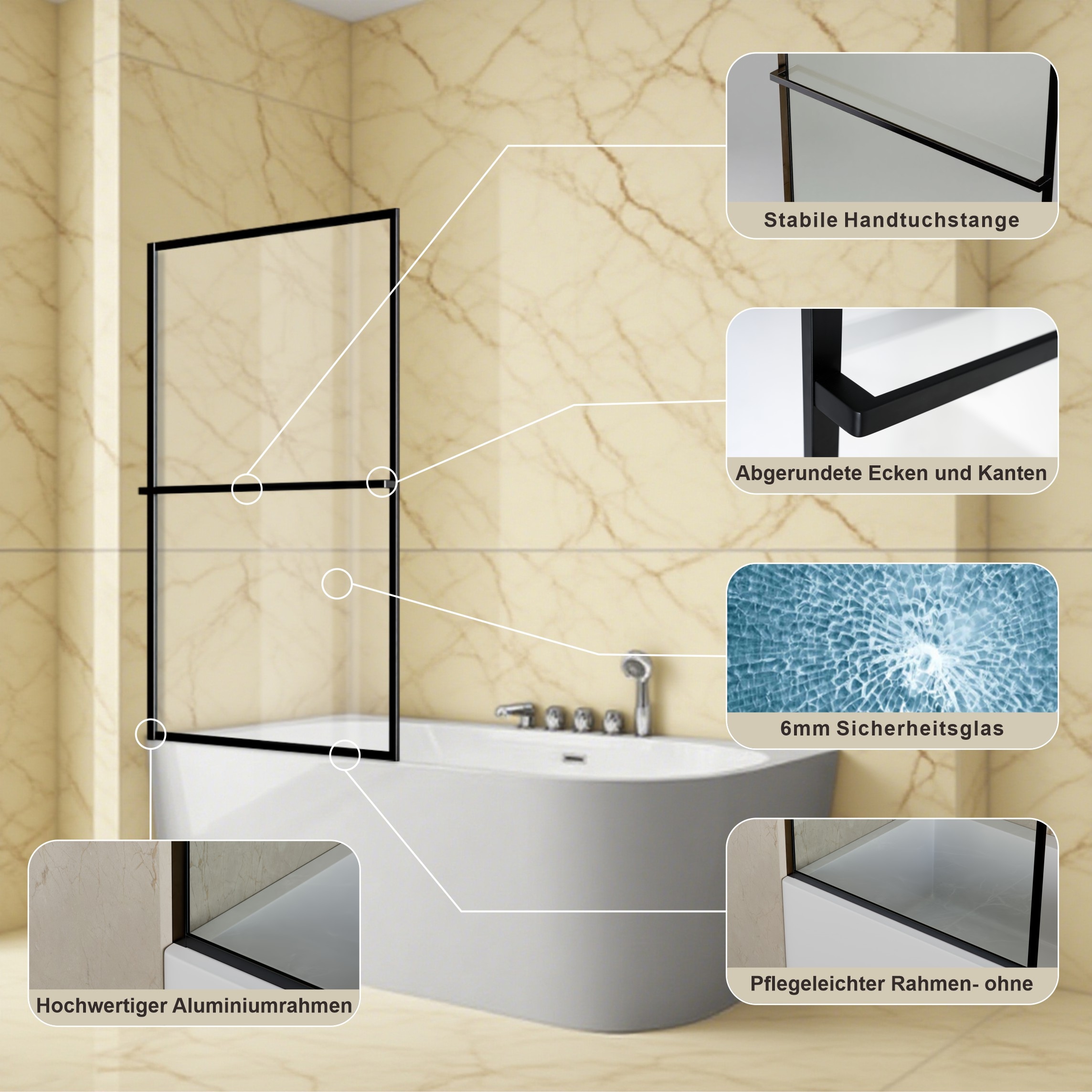 welltime Badewannenaufsatz »Block« 1 Stk. tlg. 6mm ESG und Antikalkversiegelung,extra schlanker Rahmen