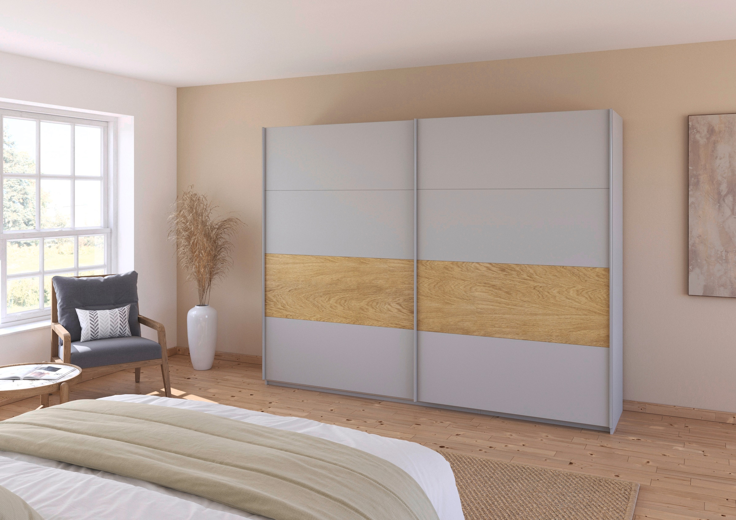 rauch Schwebetürenschrank »Kleiderschrank Schrank Garderobe Schlafzimmerschrank MALVA«, Bauchbinde abgesetzt in gebürstetem Eiche Furnier MADE IN GERMANY