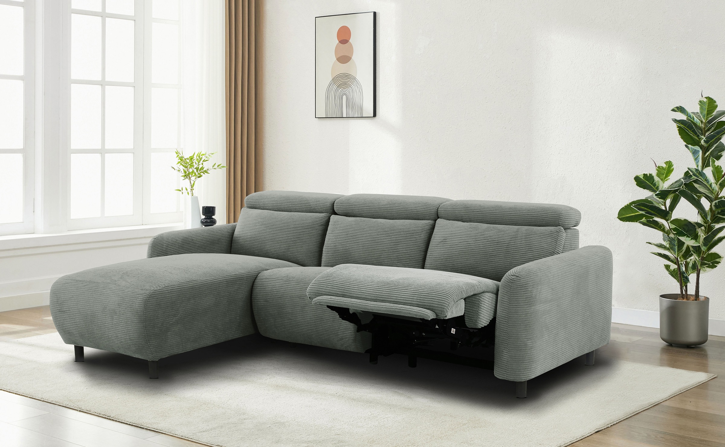 Home affaire Ecksofa »SKAANE in Cord, L-Form, 274 cm, manuelle u. elektrische Funktion,«, rundes Design, Kopfteilverstellung, Federkernpolsterung