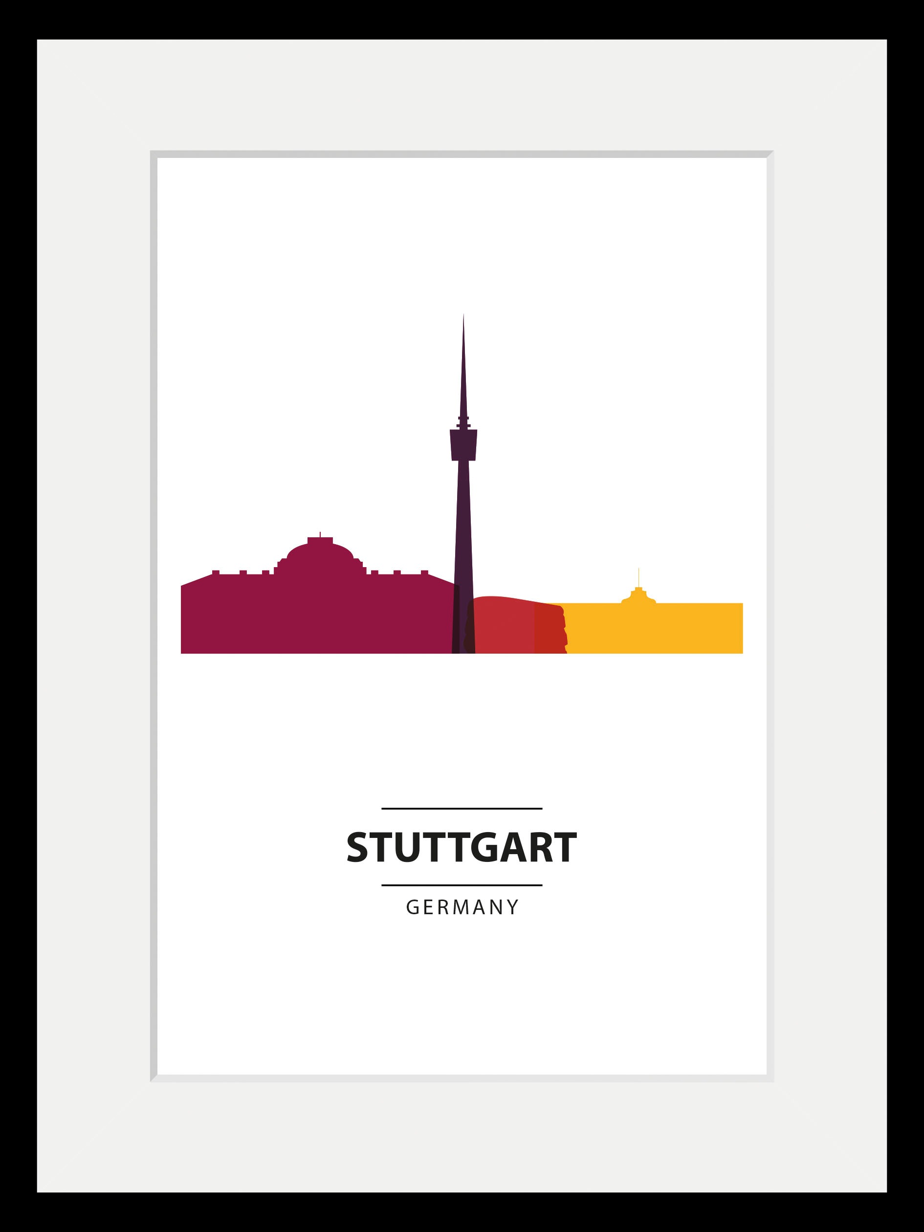 queence Bild »Stuttgart Color Splash«, Städte-Schriftzug-Deutschland-Gebäude, (1 St.), HD Premium Poster-Druck inkl. Holzrahmen
