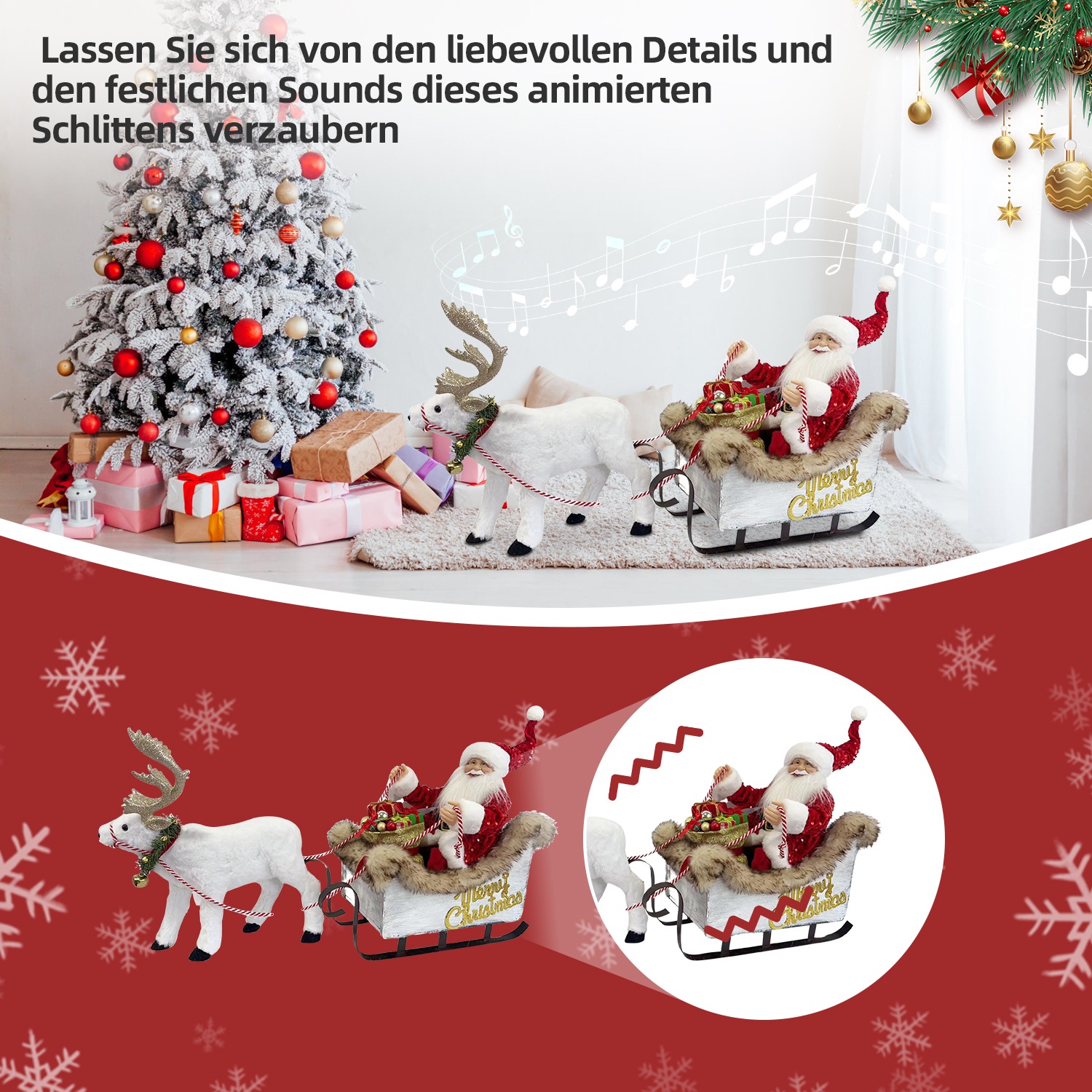 SHX Weihnachtsmann »Animierter Rentierschlitten mit Weihnachtsmann«, Bewegung, Soundeffekte