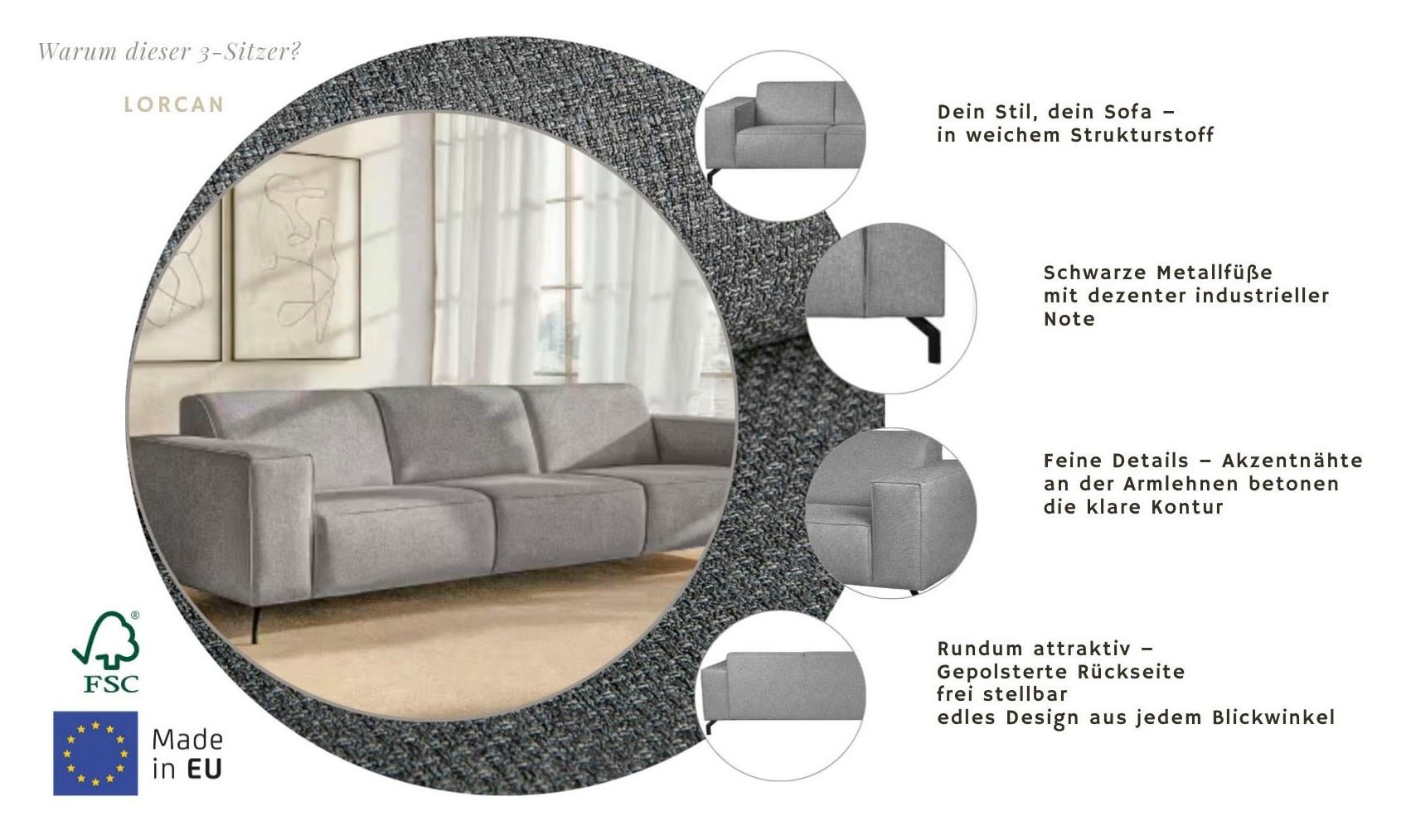 Home affaire 3-Sitzer »Lorcan 257 cm, weiches Sitzgefühl« mit schwarzen Metallfüßen, Lederoptik und in weichem Strukturstoff