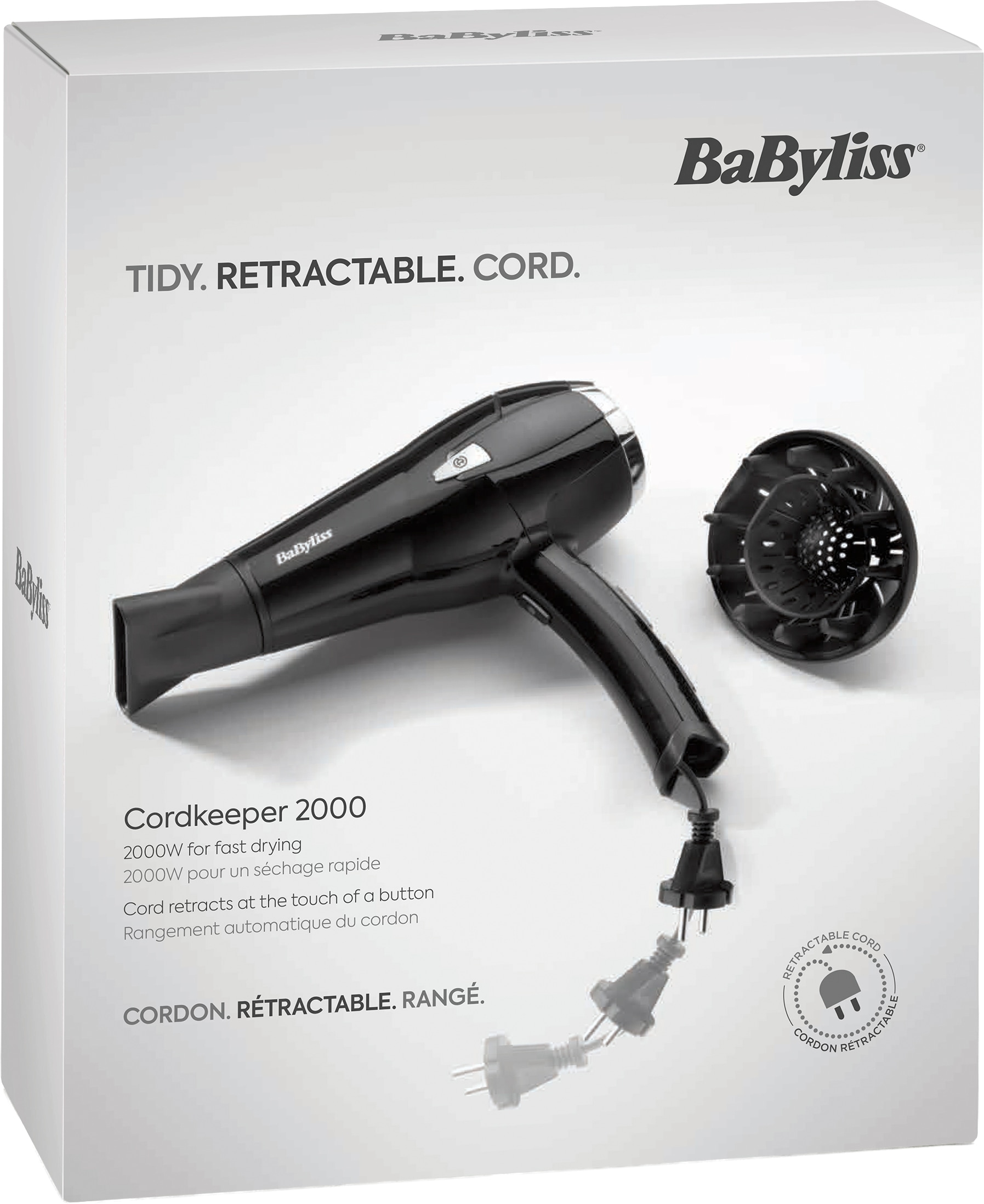 BaByliss Haartrockner »BaByliss CordKeeper 2000 Haartrockner mit Kabeleinzugsfunktion, D374DE« 2.000 W 2000 W Föhn mit Ionen-Technologie, Diffusor, Zentrierdüse & 3 Stufen