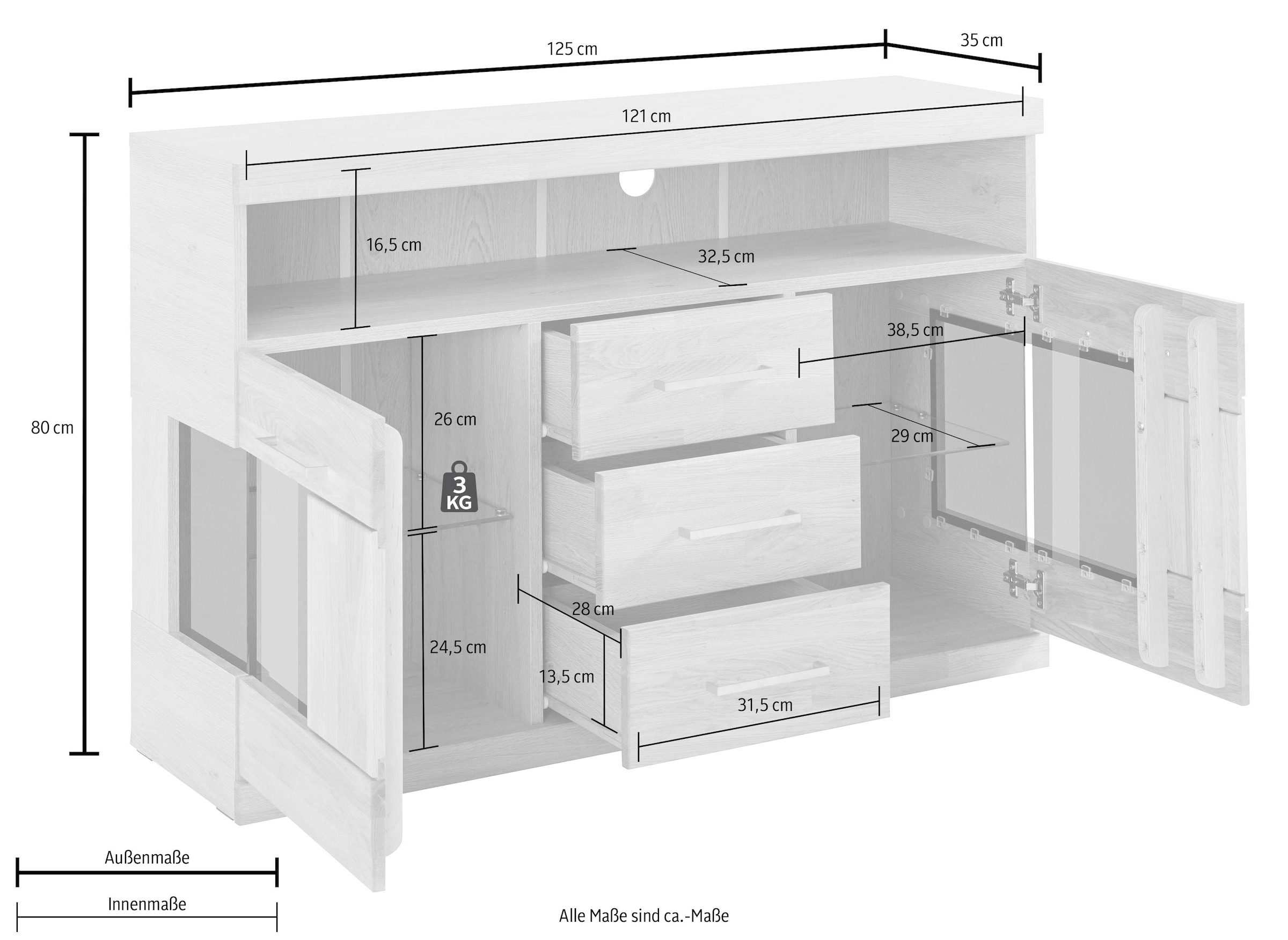 Home affaire Sideboard »Ribe,125cm breit, Fronten Massivholz,5 Fächer,Böden versetzbar«, Korpus Holzwerkstoff,Türen mit Glaseinsatz,3 Schubladen,Metallgriffe