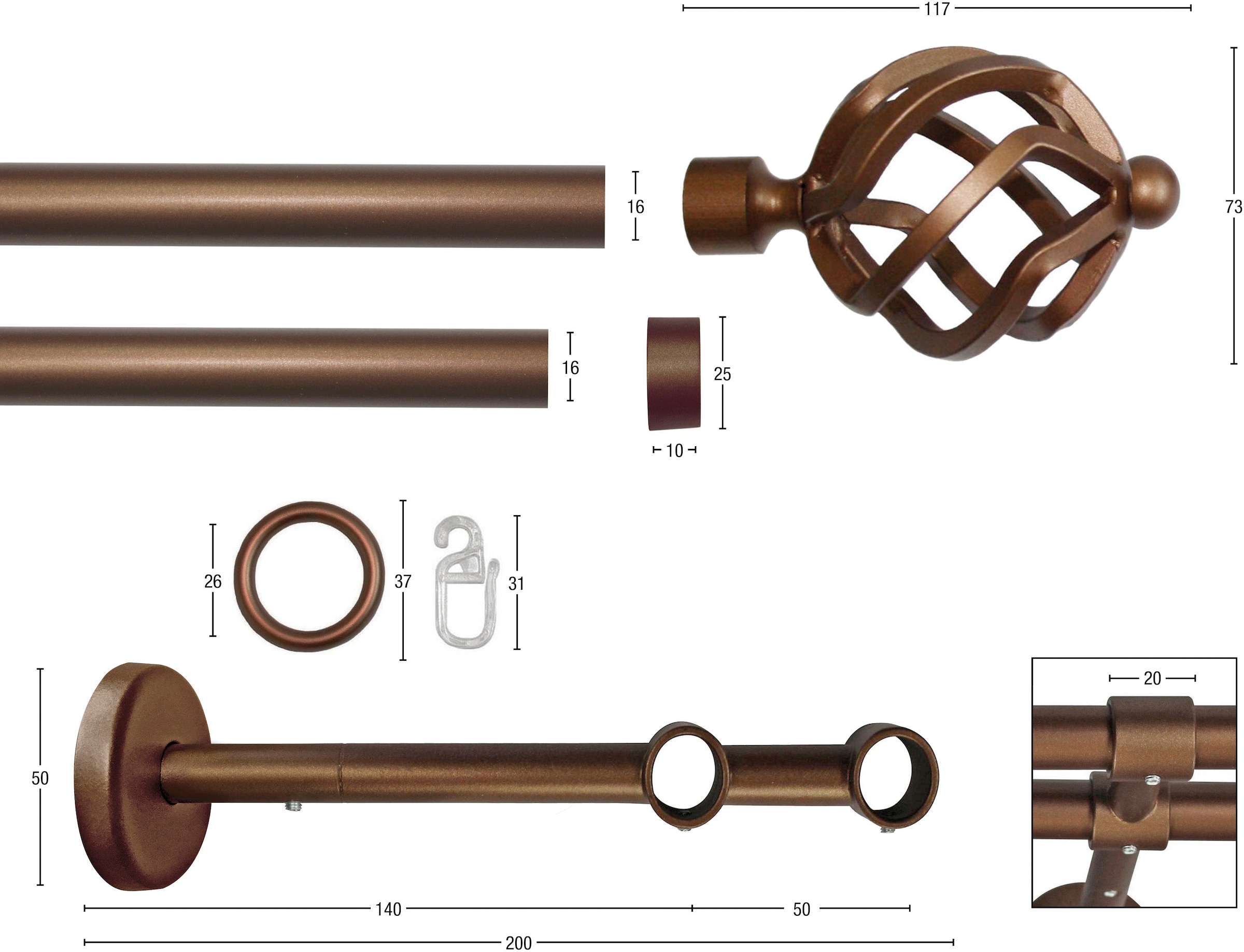 GARESA Gardinenstange 1 rustikale Eisen, Vorhanggarnitur, läufig-läufig, »RUSTIKA«, Wunschmaßlänge, verlängerbar, Endknopf Korb