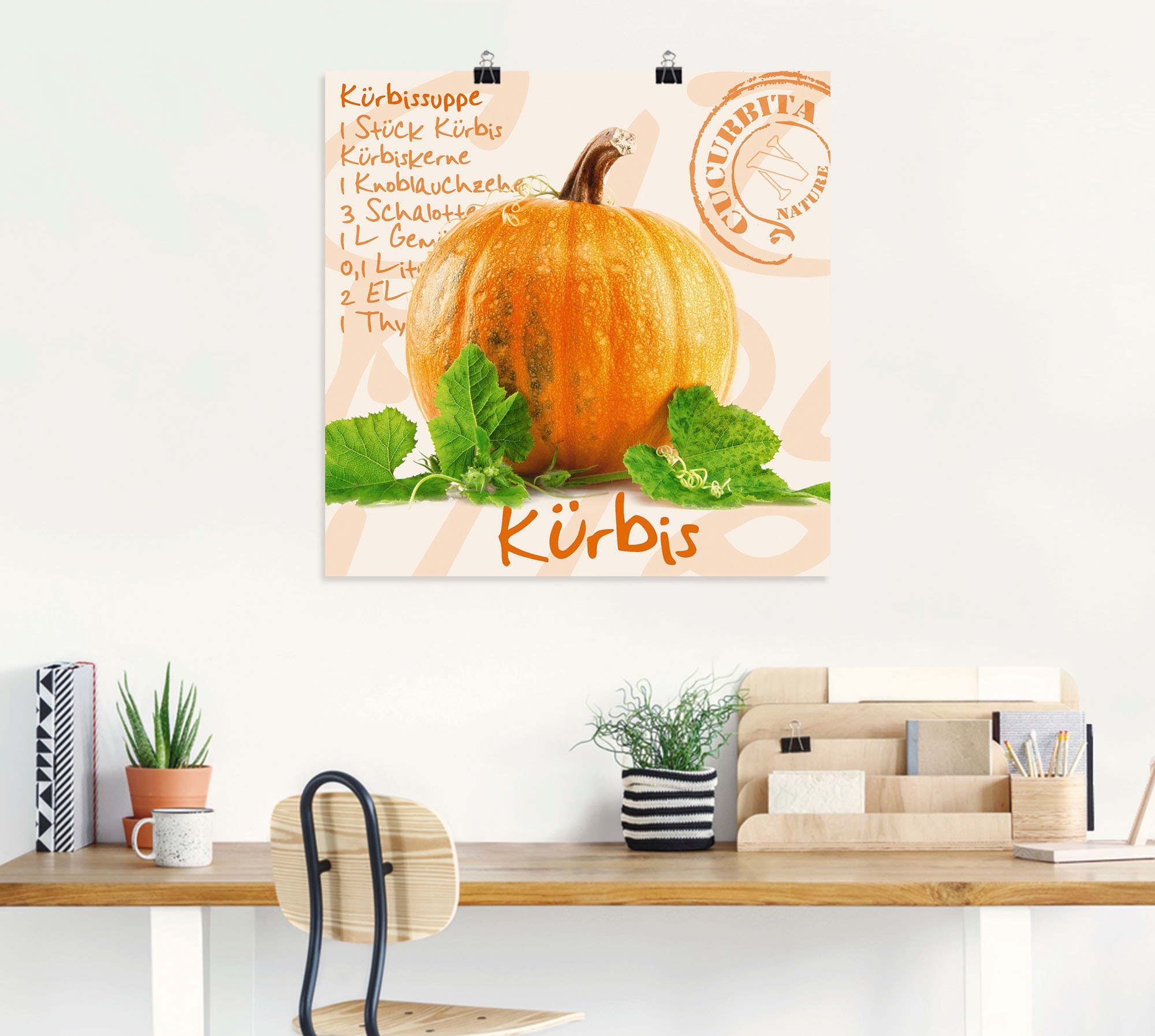 Artland Wandbild »Gelber Kürbis mit grünen Blättern«, Lebensmittel, (1 St.), als Poster, Wandaufkleber in verschied. Größen