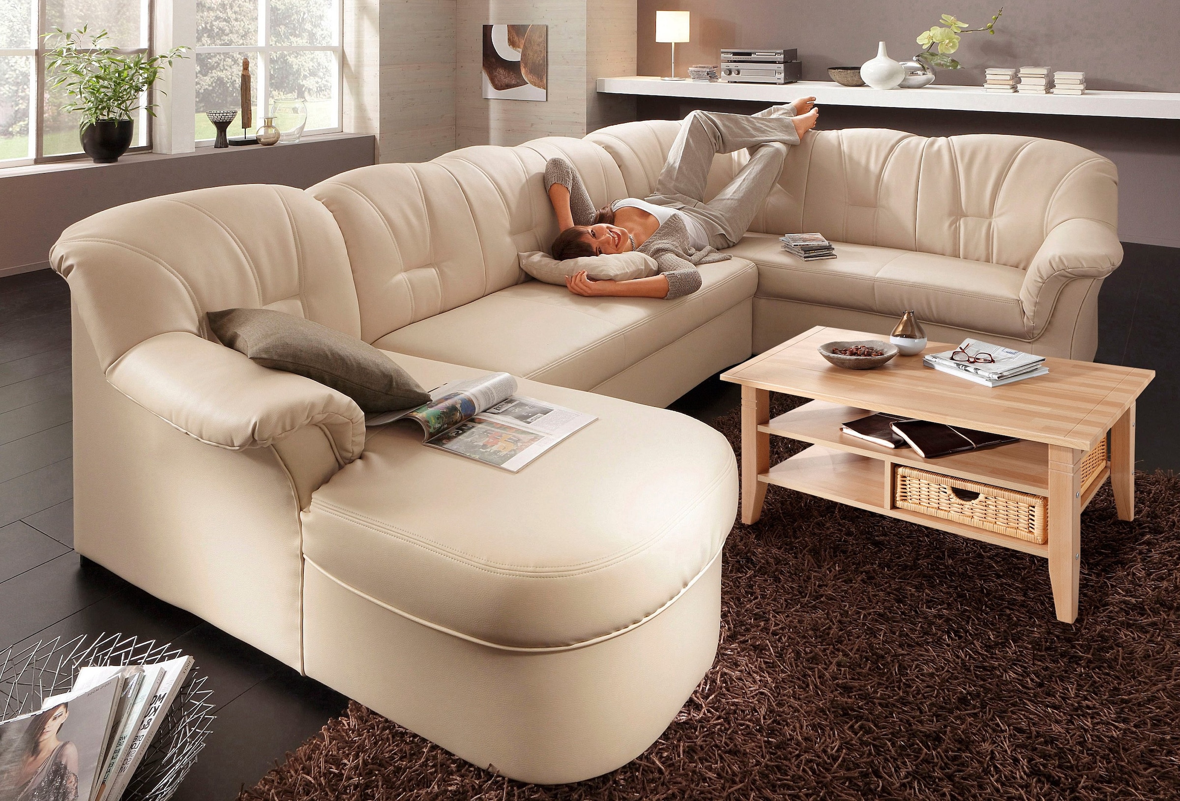 DOMO collection Wohnlandschaft »Papenburg, zeitlose Rückensteppung, elegante Formensprache, U-Form«, in großer Farbvielfalt, wahlweise mit Bettfunktion