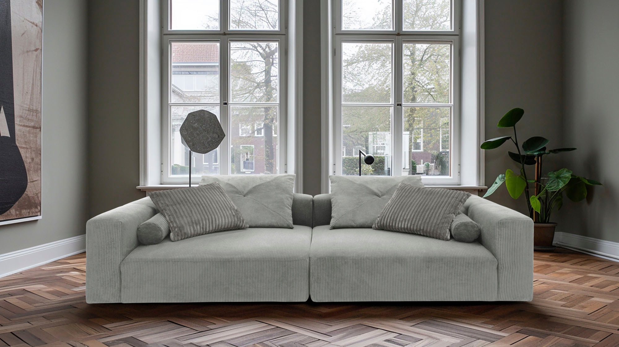 Big-Sofa »Suyana mit Federkern, B/T/H: 304/135/69 cm, Zierkissen + Kissenrollen«,...