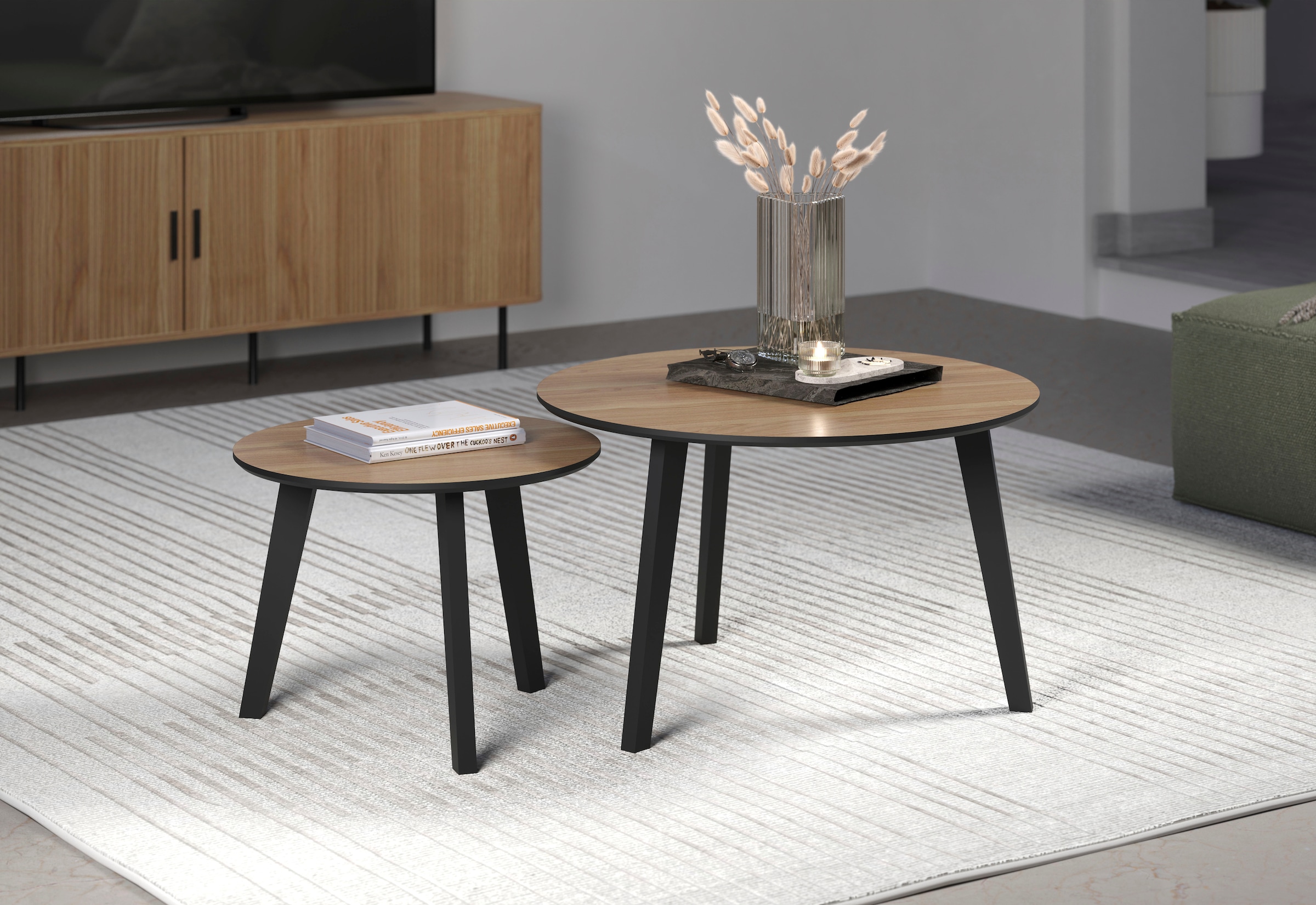 Home affaire Couchtisch »Ronda« Set, 2 Stk. tlg. Beistelltische mit Massivholzfüßen - Maße (B/T/H) 50-70/39-45/50-70 cm