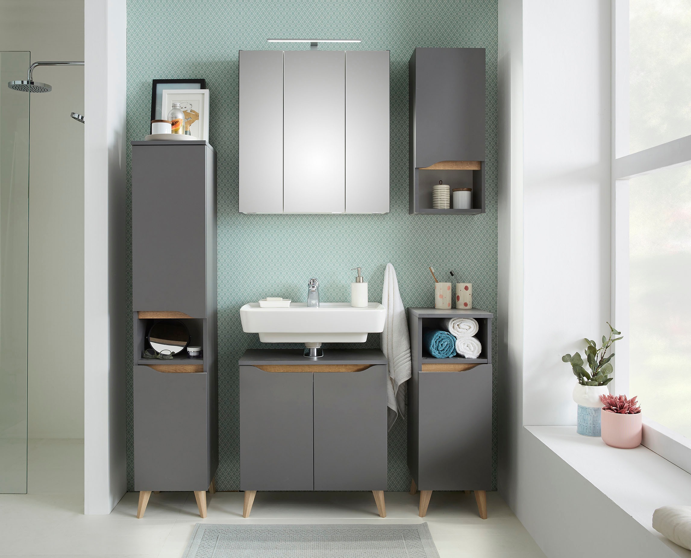 Saphir Badmöbel-Set »Quickset 5-teilig Waschbeckenunterschrank und LED-Spiegelschrank« 5 Stk. tlg.