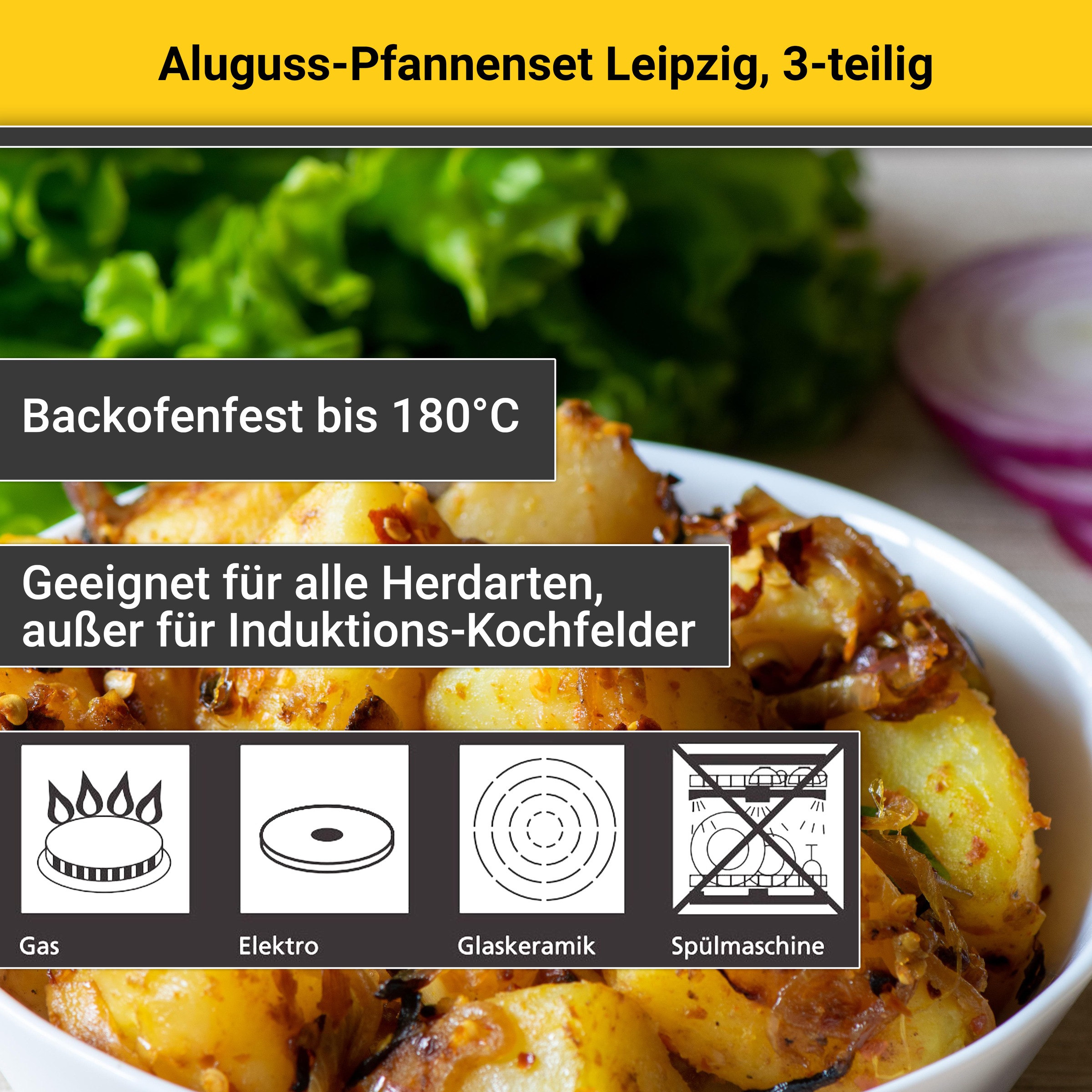 Krüger Pfannen-Set »Aluguss Pfannenset LEIPZIG, 3 tlg.« Aluminiumguss Set, 1x Bratpfanne Ø 20 cm, 1x Bratpfanne Ø 28 cm, 1x Schmorpfanne Ø 24 cm, 3 Stk. tlg. hochwertige Antihaft-Versiegelung