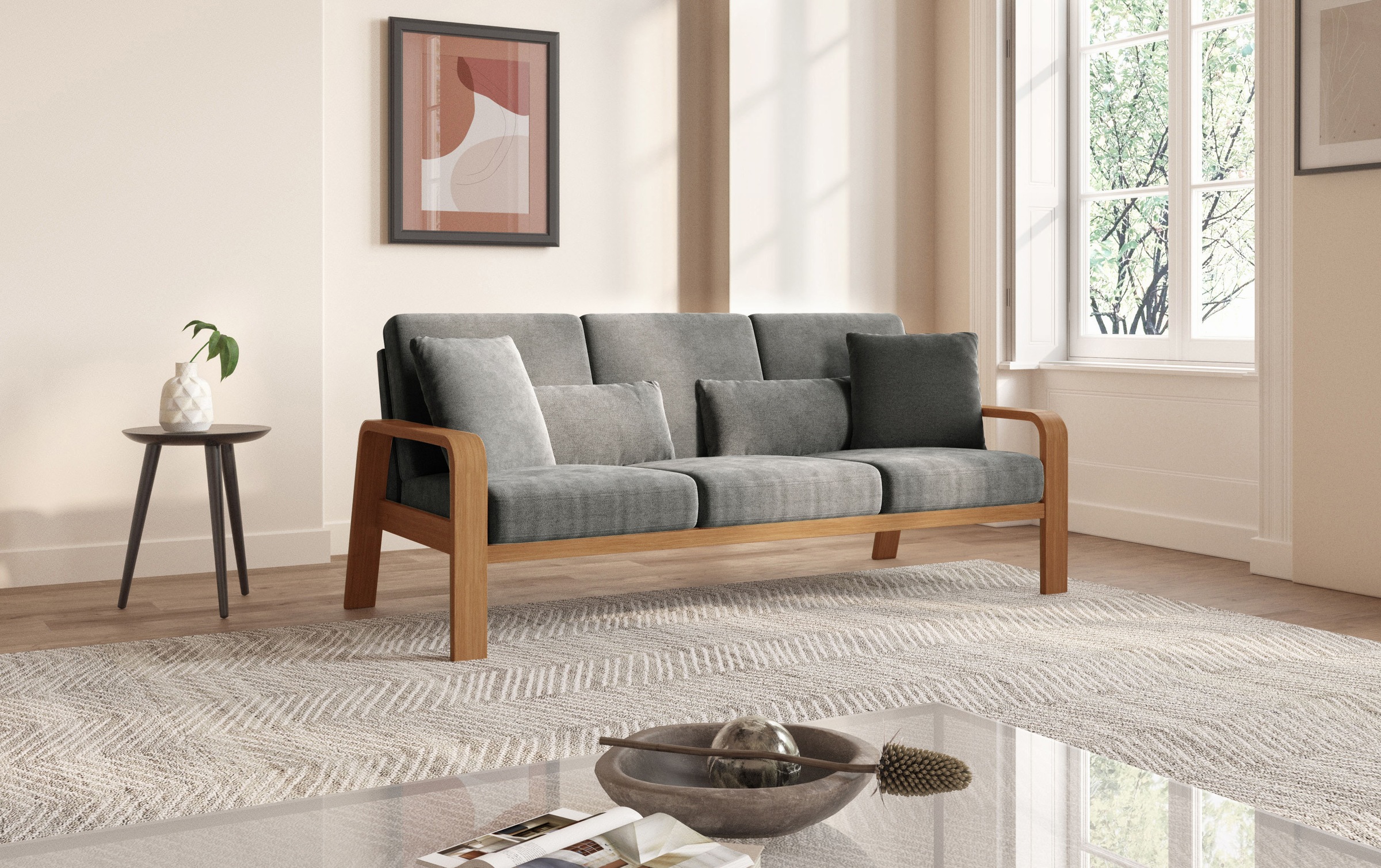 sit&more 3-Sitzer »Kolding«, Armlehnen aus eichefarbigem Buchenholz, verschiedene Bezüge und Farben