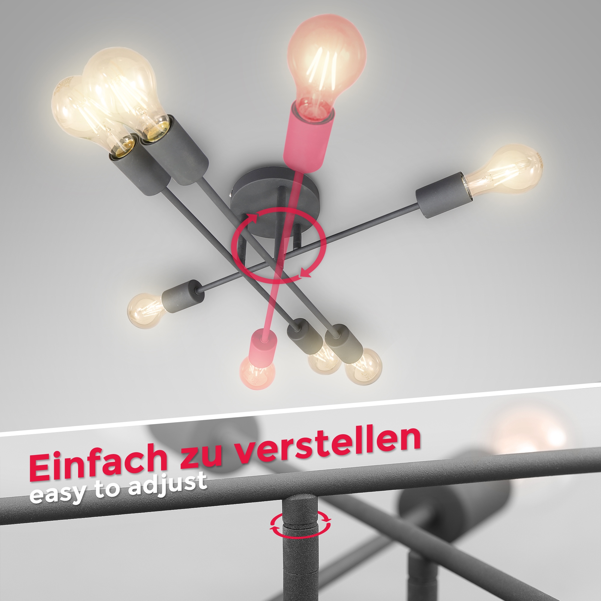 flammig-flammig, Deckenleuchte, Garantie online 3 LED Jahren schwarz Industrial rustikal Deckenlampe B.K.Licht kaufen Vintage-Leuchte LED E27 Retro mit 6 | XXL