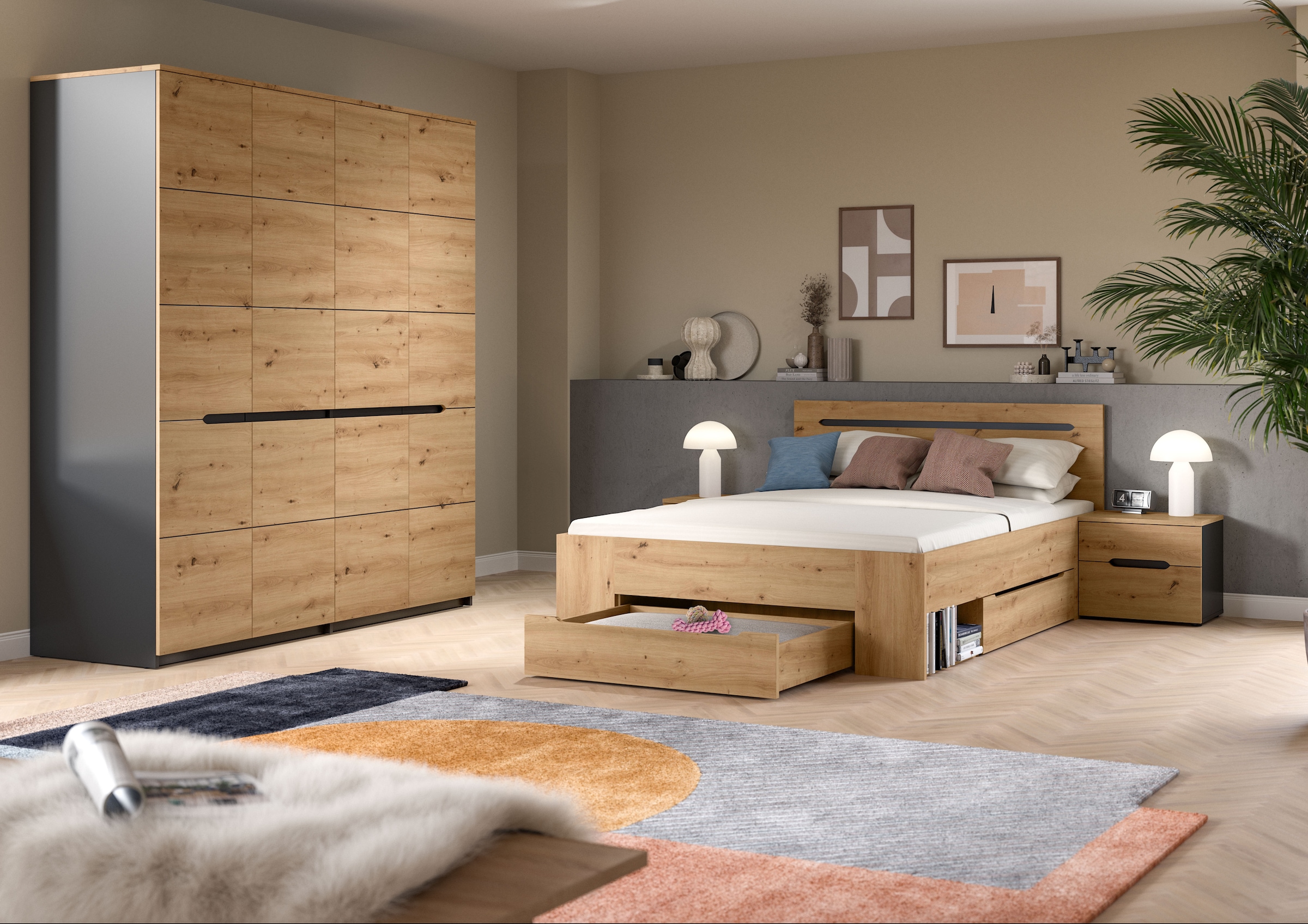 Home affaire Schlafzimmer-Set »REHAT, 4-teilig, best. aus: Bett, Kleiderschrank & 2x Nachtkommode« TOPSELLER!, für Matratzengröße 140x200 cm, viel Stauraum, 
