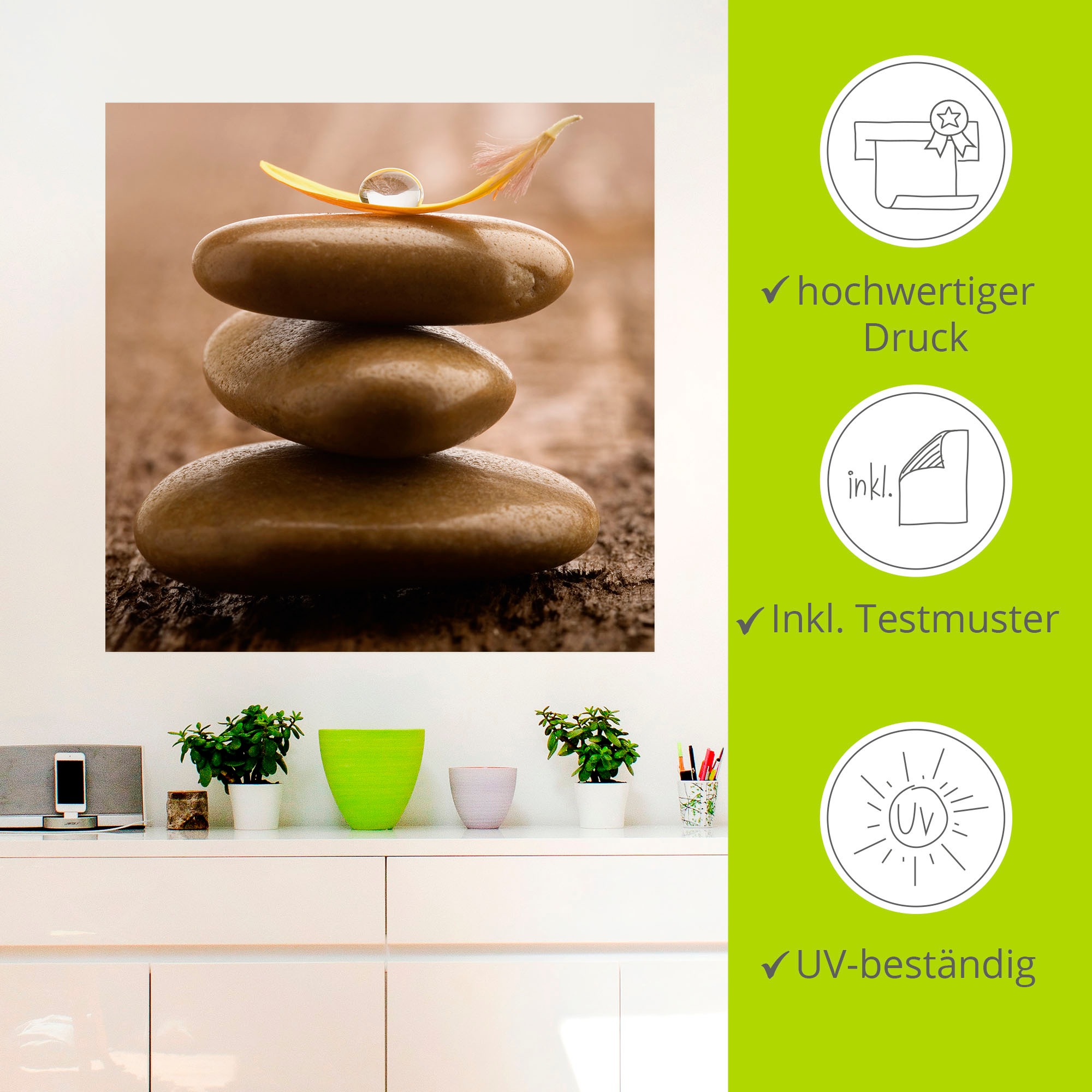Artland Wandbild »Massagesteinen auf hölzernem Untergrund«, Zen, (1 St.), als Leinwandbild, Wandaufkleber in verschied. Größen