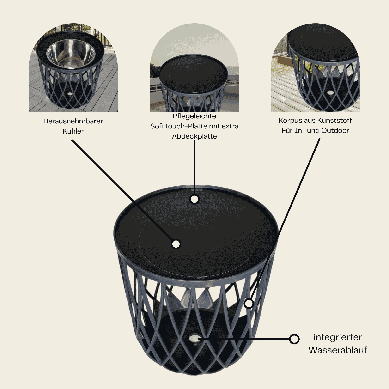 COOTAB Cooler Table Beistelltisch »4-in-1 Loungetisch mit Edelstahl-Kühler Dubai 45 cm schwarz« 1 Stk. tlg. Wetterfest, Pflegeleicht, Hitzebeständig, Stapelbar