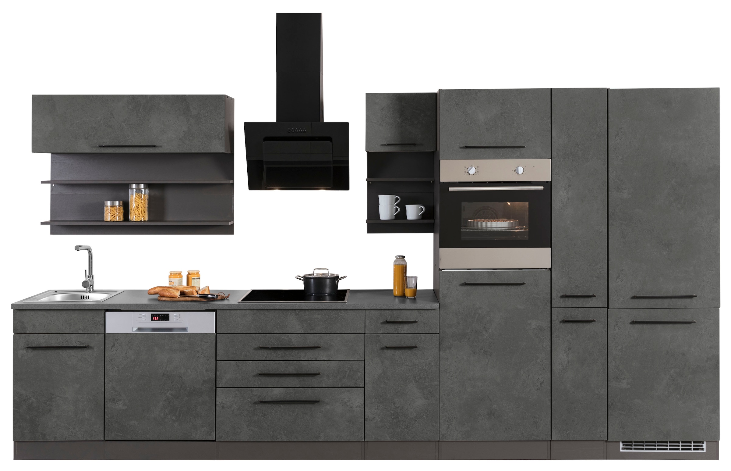 KOCHSTATION Küchenzeile »KS-Tulsa« mit E-Geräten, Breite 380 cm, schwarze Metallgriffe, MDF Fronten