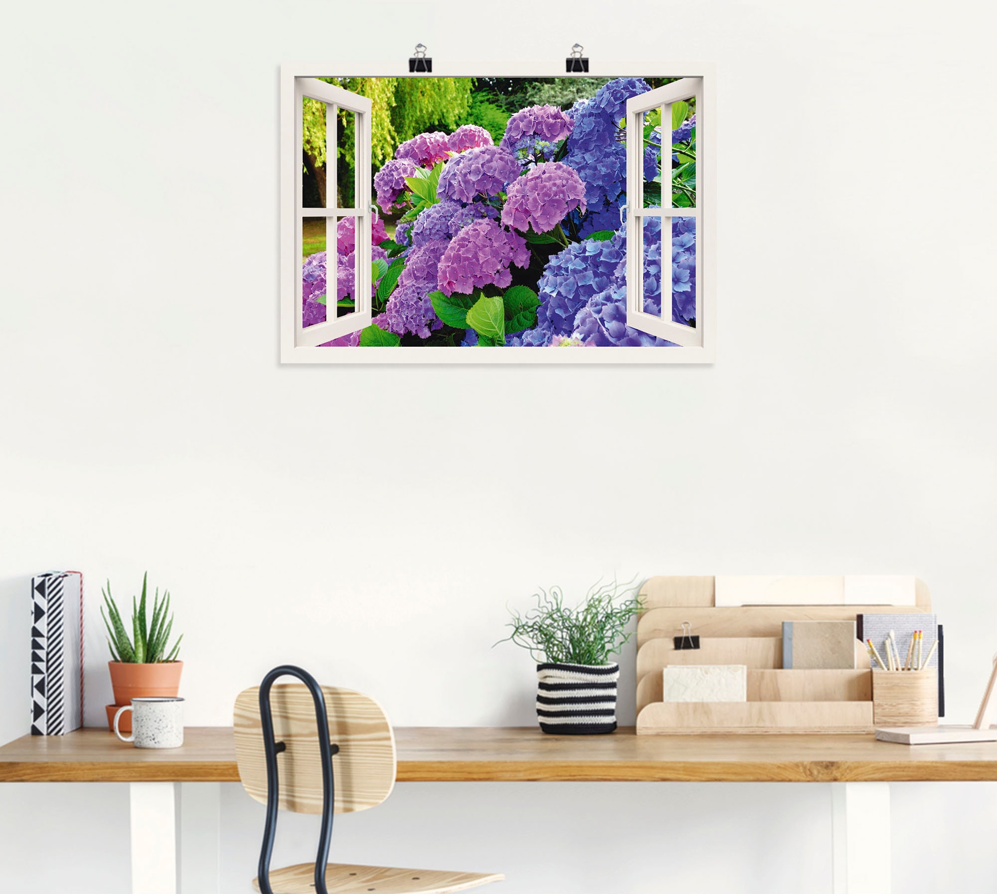 Artland Wandbild »Fensterblick Hortensien im Garten« 1 Stk. tlg. als Leinwandbild, Poster in verschied. Größen