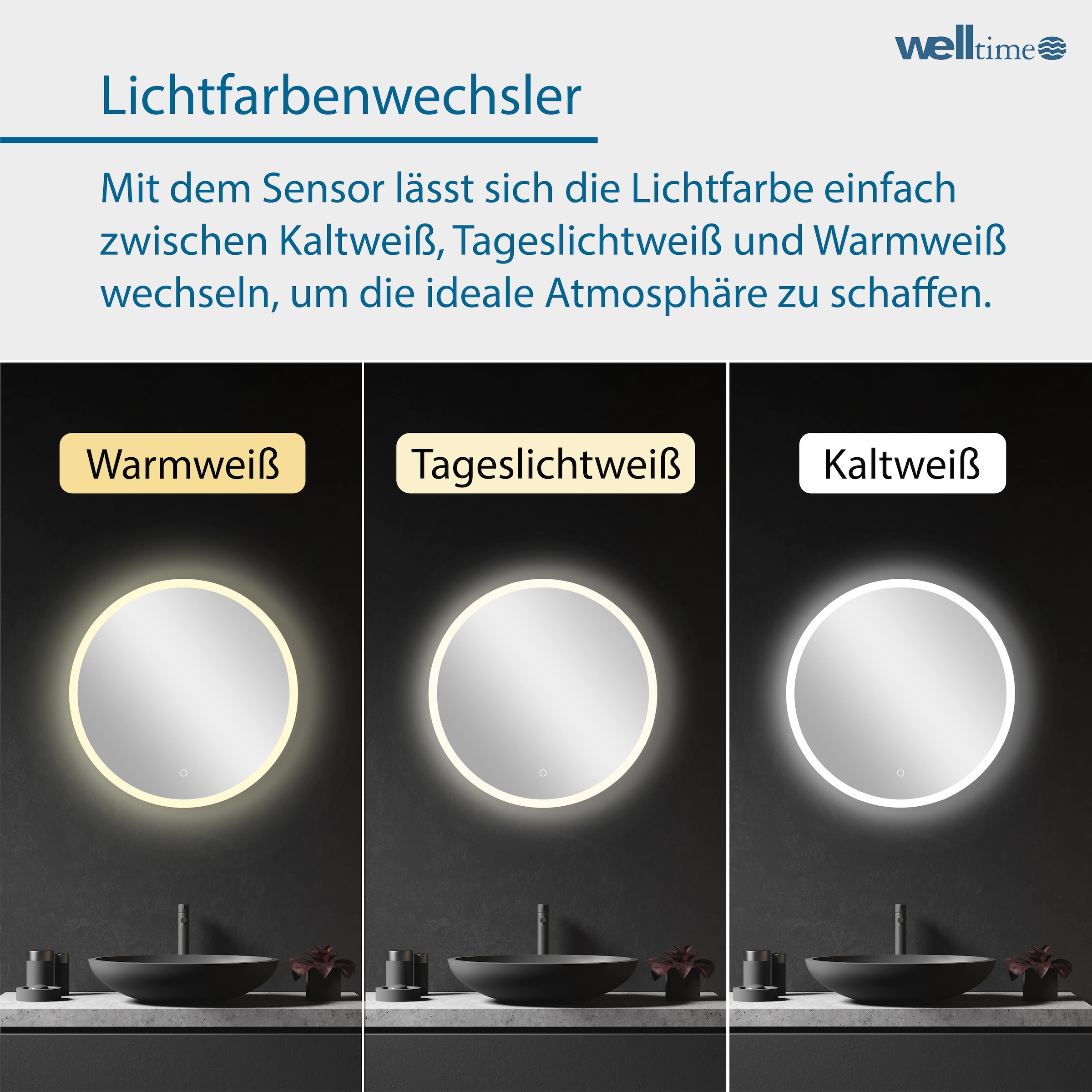 welltime LED-Lichtspiegel »Aura«, mit Lichtfarbenwechsler und Dimmschalter, in verschiedenen Größen