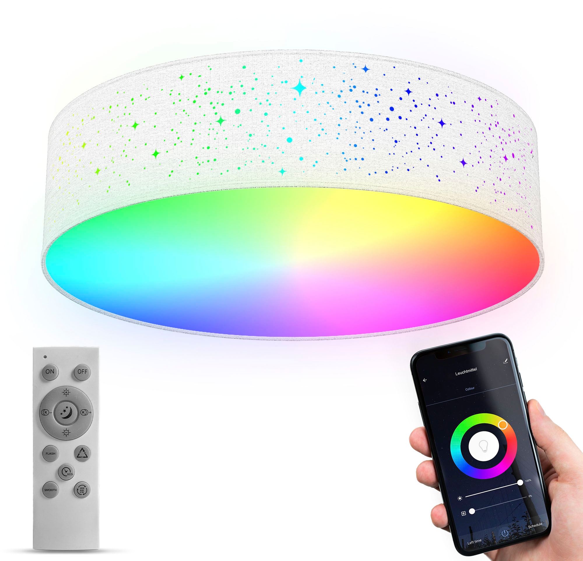 B.K.Licht LED Deckenleuchte »BK_SD1476 WiFi RGB-CCT Deckenlampe, APP-Steuerung, iOS+Andorid«, 1 flammig-flammig, inkl. Fernbedienung, Farbwechsel und Lichteffekte, Ø39cm