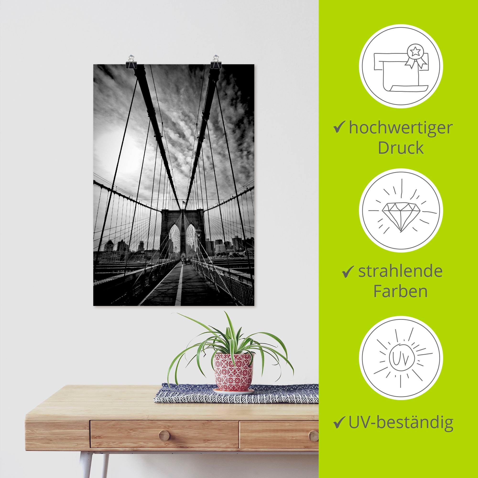 Artland Poster »New York City Mächtige Brooklyn Bridge«, Amerika, (1 St.), als Alubild, Leinwandbild, Wandaufkleber oder Poster in versch. Größen
