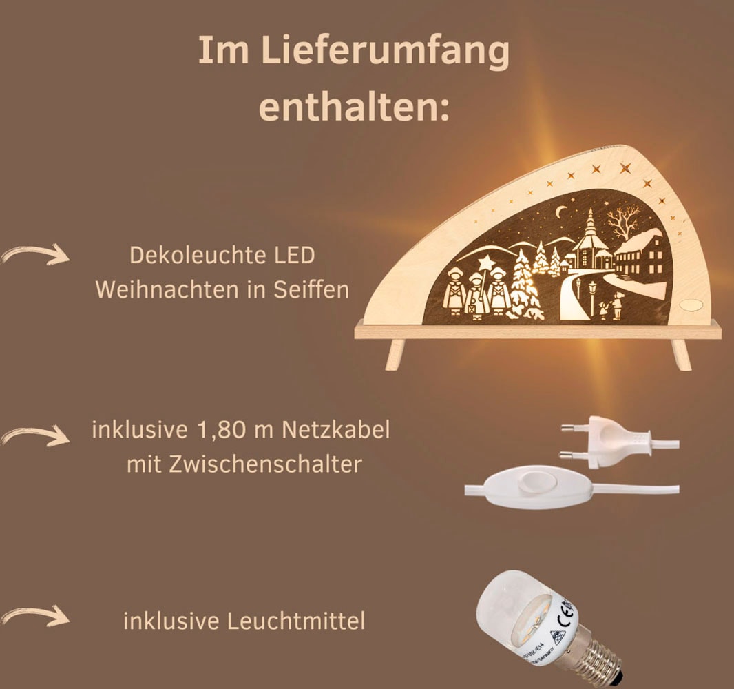 Weigla LED Lichterbogen »Weihnachten in Seiffen, Dekolampe asymmetrisch aus Holz NATUR-BRAUN«, Erzgebirge garantiert, Weihnachtsdeko Innen, Weihnachtsbeleuchtung