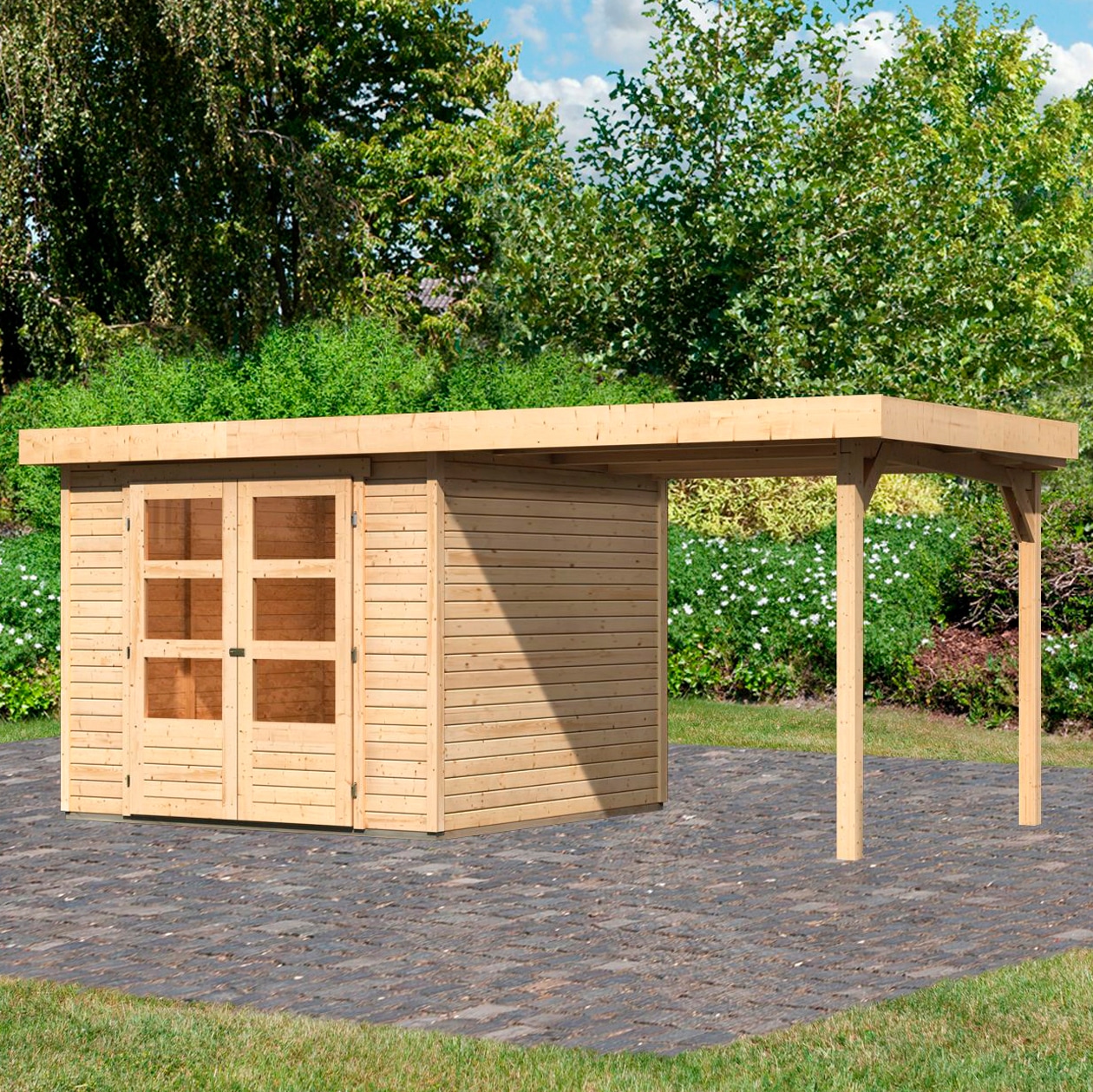 Karibu Gartenhaus »Arnis 3,5« mit Anbaudach 2,40 cm Breite