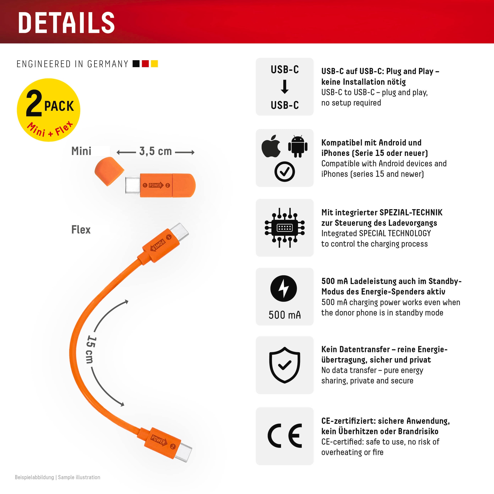 Displex USB-Kabel »Phone-to-Phone Notfall-Lader« USB-C 15 cm 1x Mini Notfall-Lader (3,5cm) 1x Flex Notfall-Ladekabel (15cm)