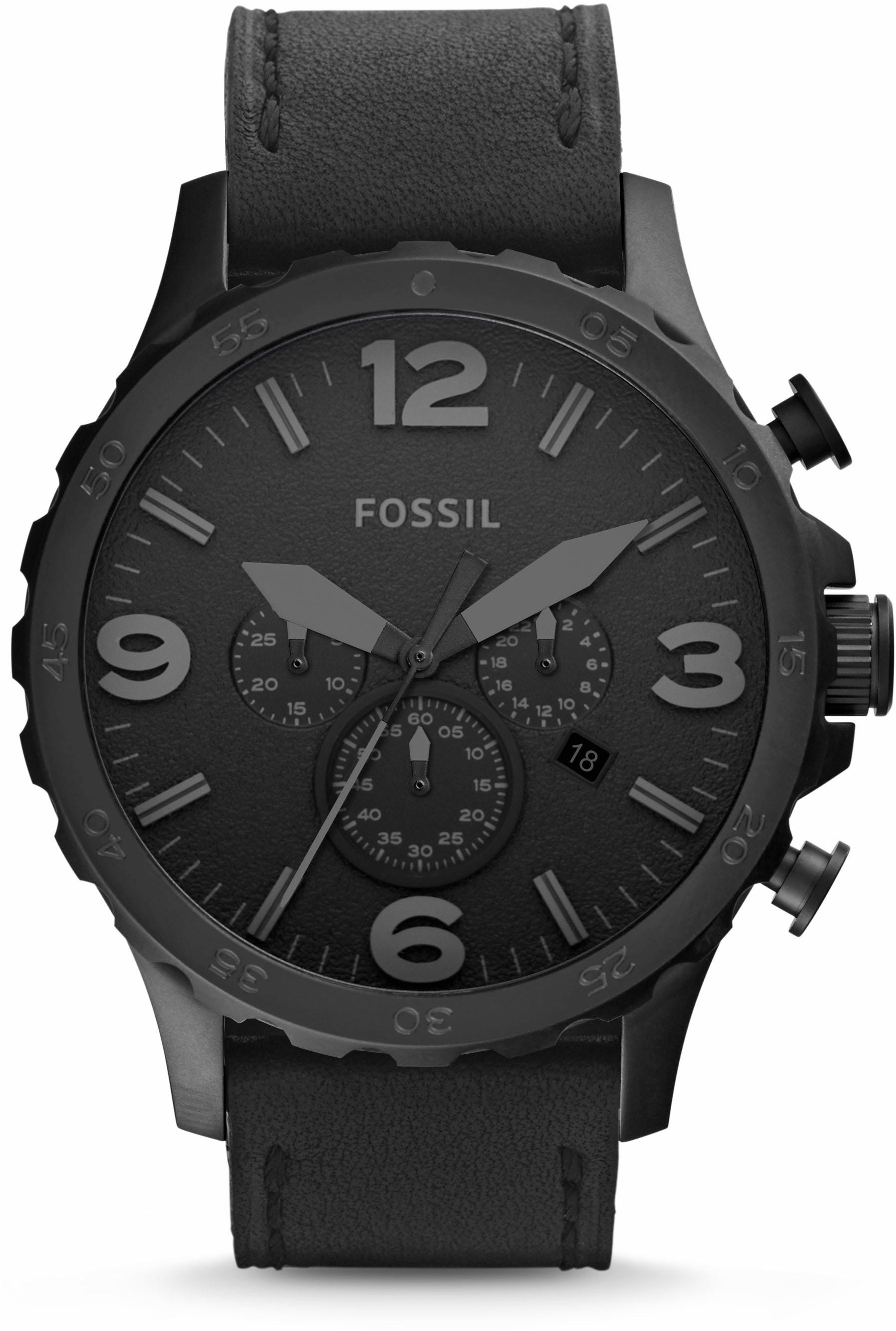 Fossil Chronograph »NATE, JR1354«, Quarzuhr, Armbanduhr, Herrenuhr, Stoppfunktion, Lederarmband, Datum