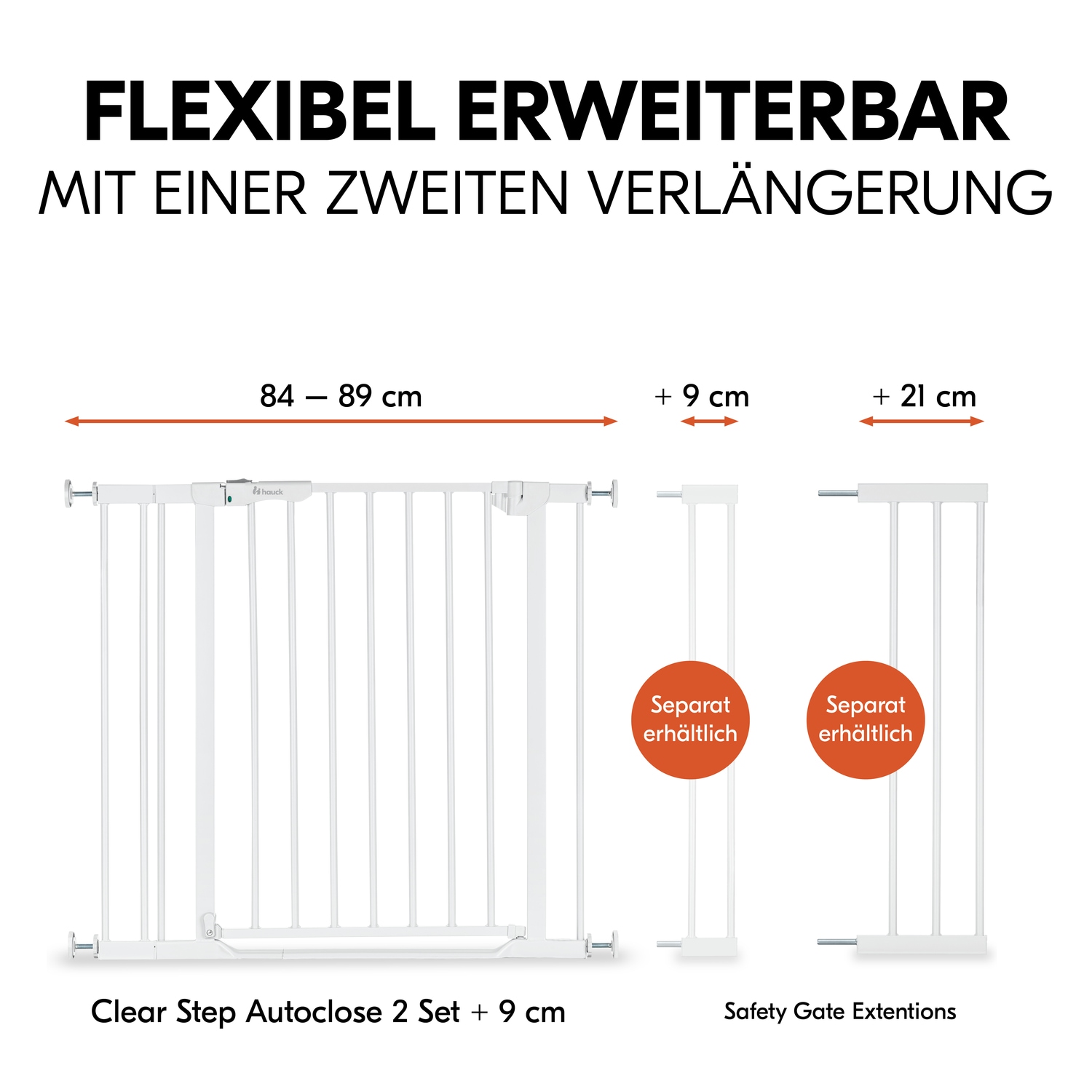 Hauck Türschutzgitter »Clear Step Autoclose 2 Set inklusive Verlängerung 9 cm, White«, auch als Treppenschutzgitter verwendbar; 84-89 cm; flacher Durchgang