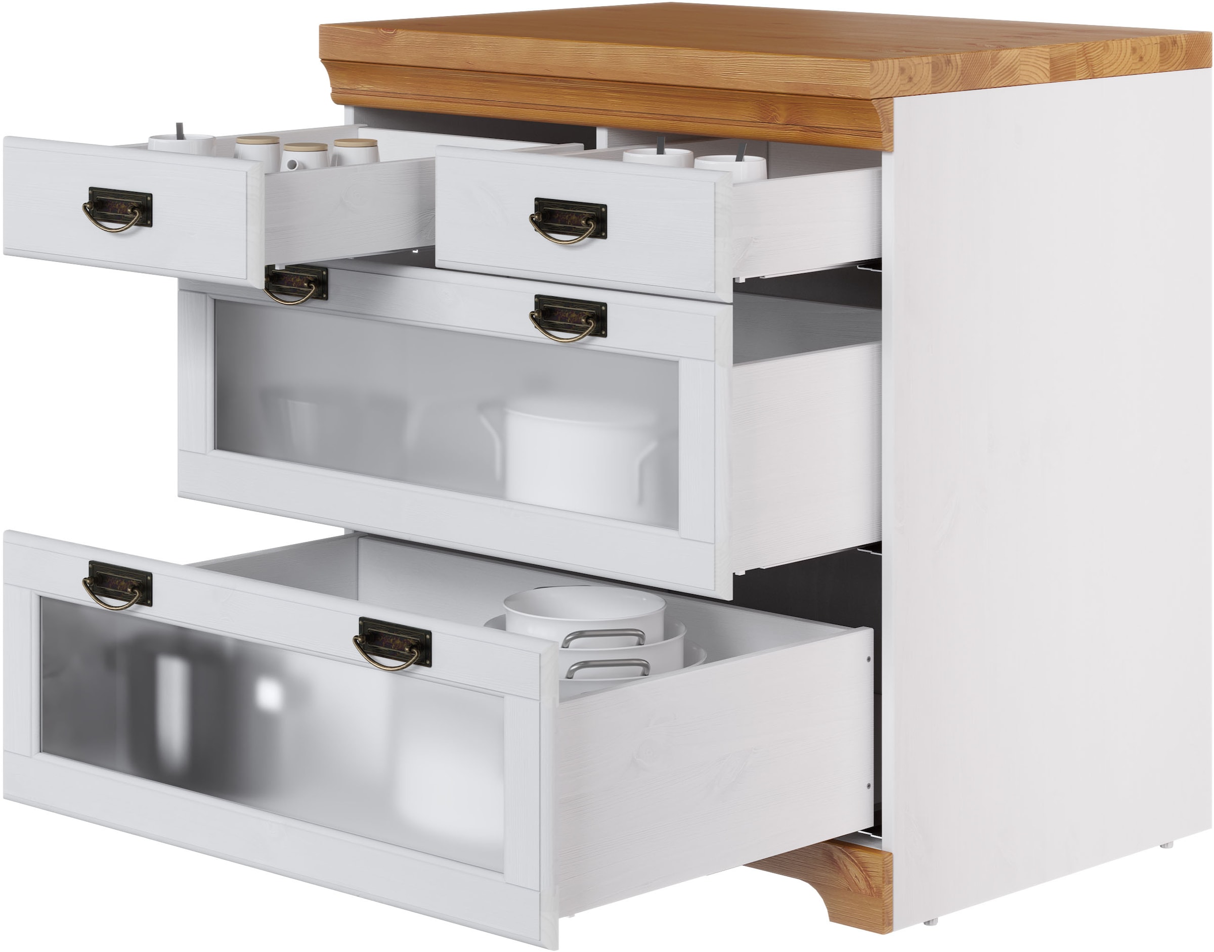 Home affaire Unterschrank »Rügen«, Breite 80 cm, Kiefer massiv, Schubkästen mit Glaseinsatz