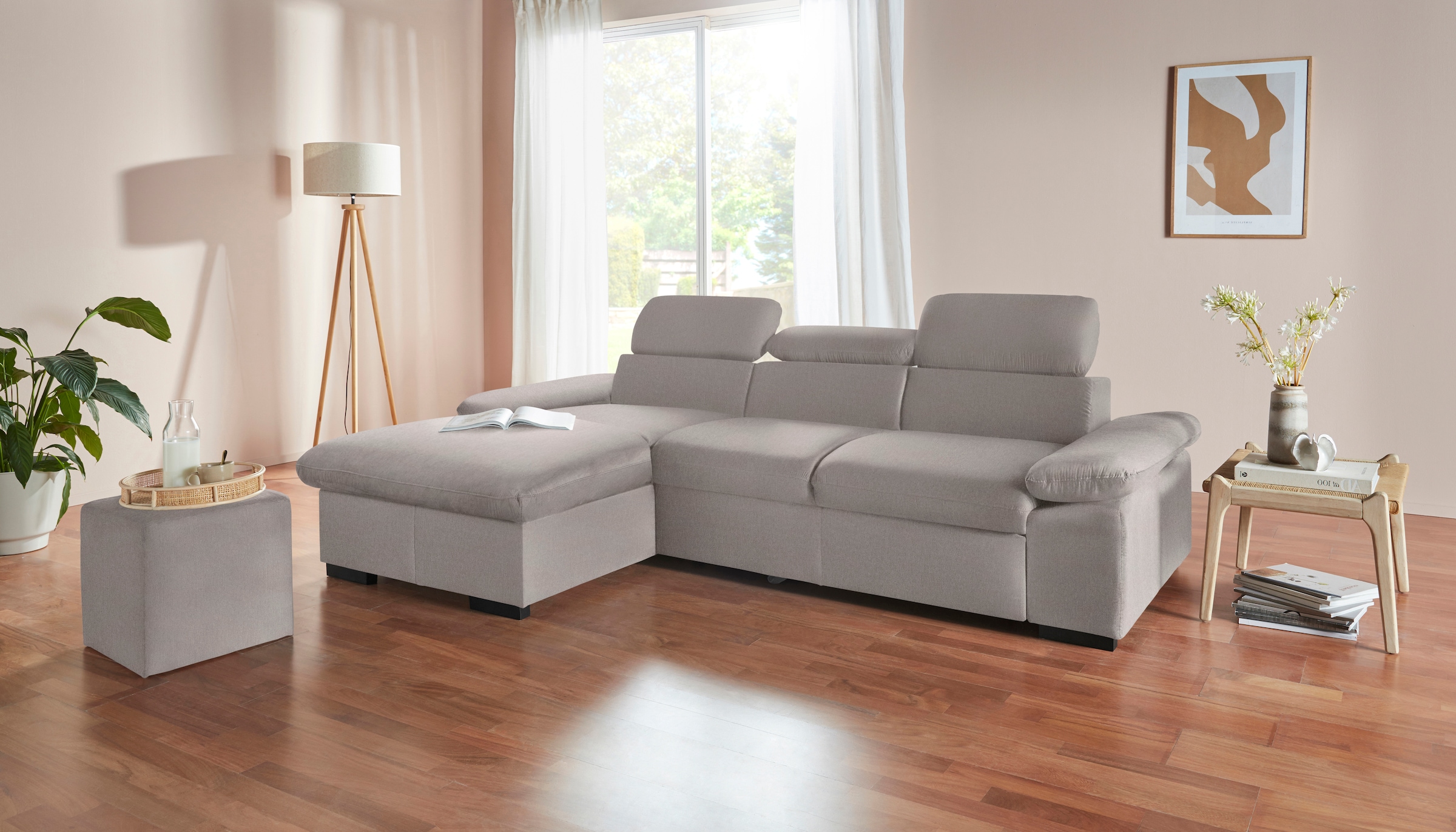 COTTA Ecksofa »Lola L-Form mit Kopfteilfunktion & Hocker«, (Set, mit Hocker), wahlweise mit Bettfunktion, Bettkasten & Armteilverstellung