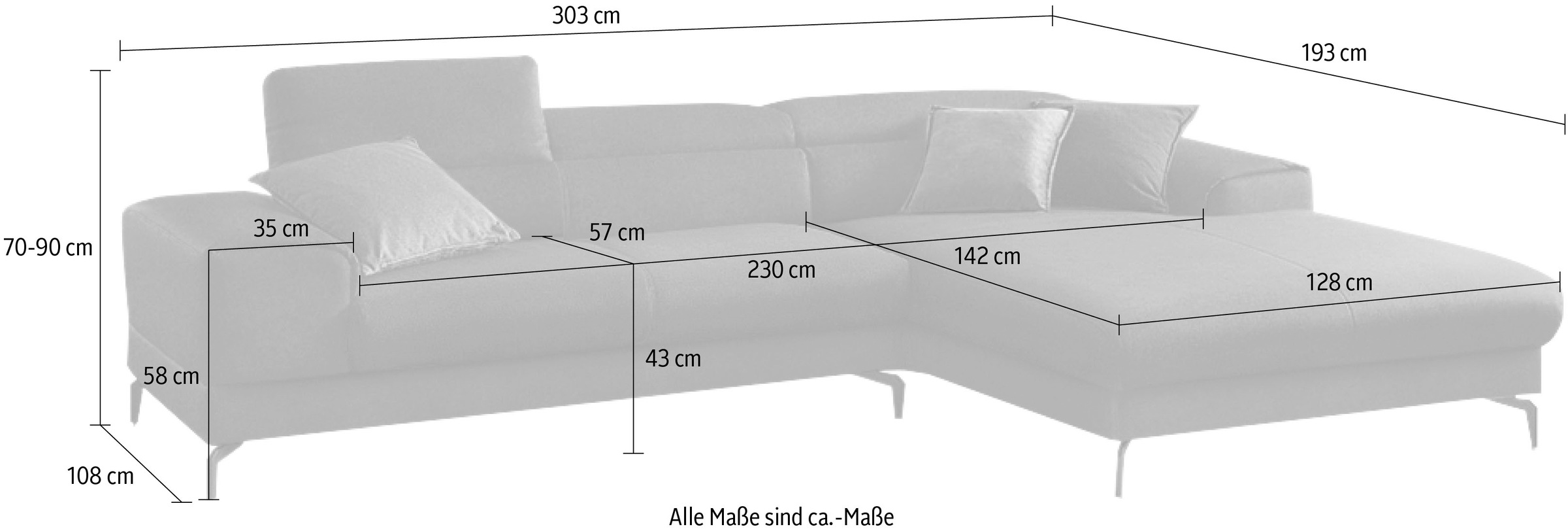 W.SCHILLIG Ecksofa »piedroo«, Kopfteilverstellung, wahlweise mit Sitztiefenverstellung, Breite 303cm