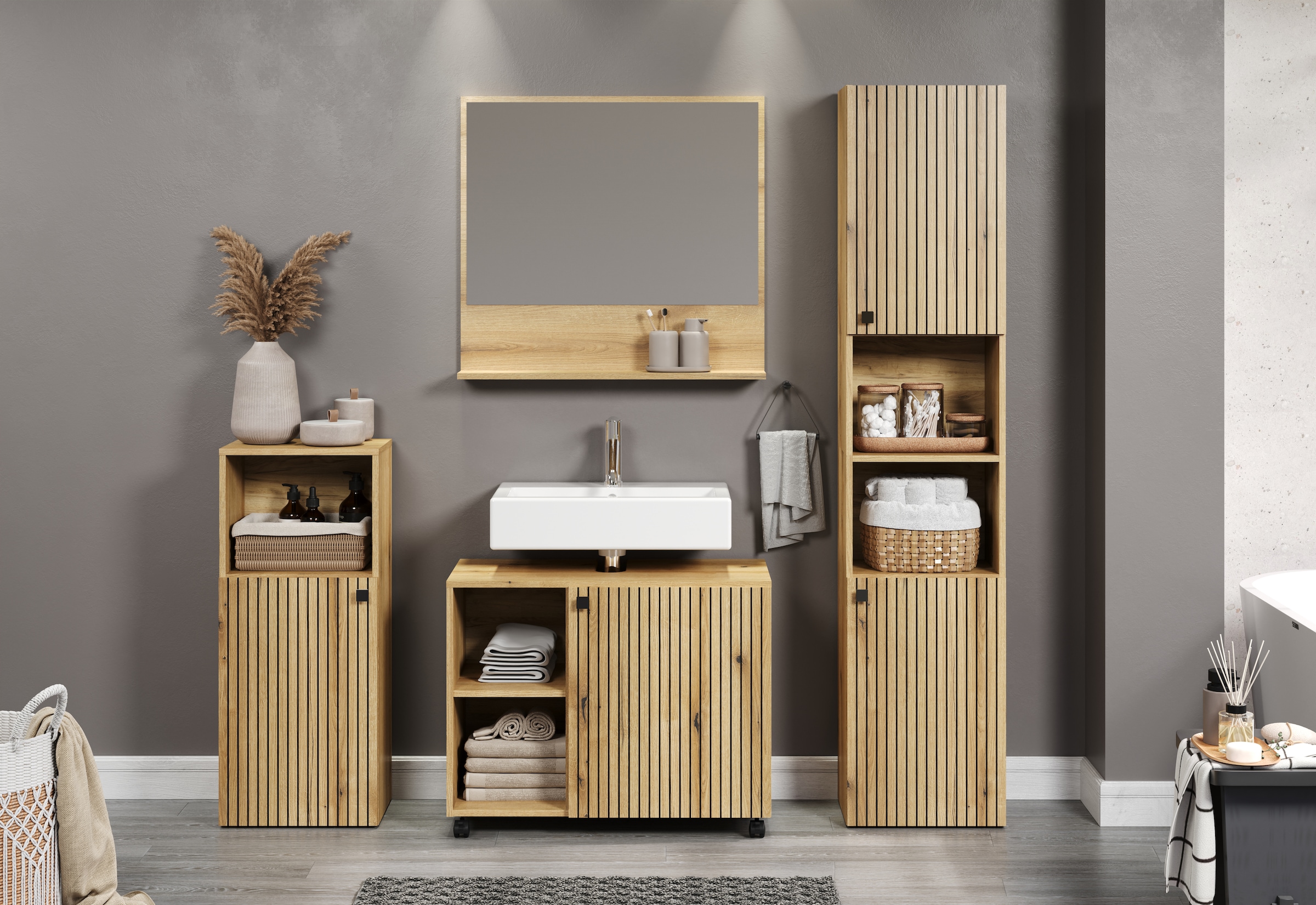 welltime Badmöbel-Set »Amrum Waschbeckenunterschrank Spiegel Hochschrank Badschrank«, (Komplett-Set, 4 St.), 4-teiliges Badmöbel-Set Eiche Rillenoptik - Maße (B/T/H) 180/42/186 cm