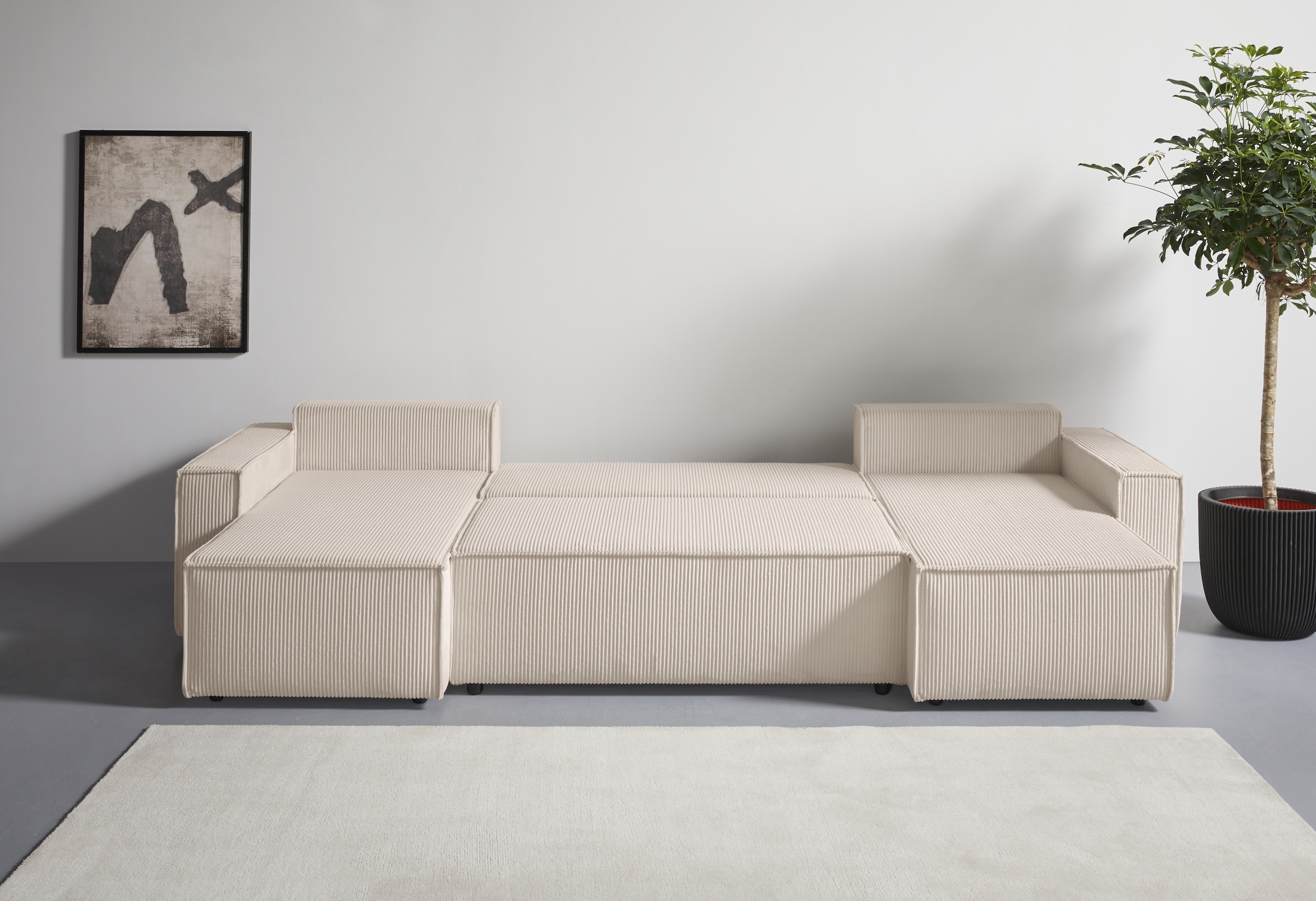 OTTO home Wohnlandschaft »CASSI, 311 cm, U-Form, Schlafsofa, Dauerschläfer, Boxspringfederung« Schlaffunktion (133/270cm), Bettkasten, Seitentaschen, Cord-Bezug