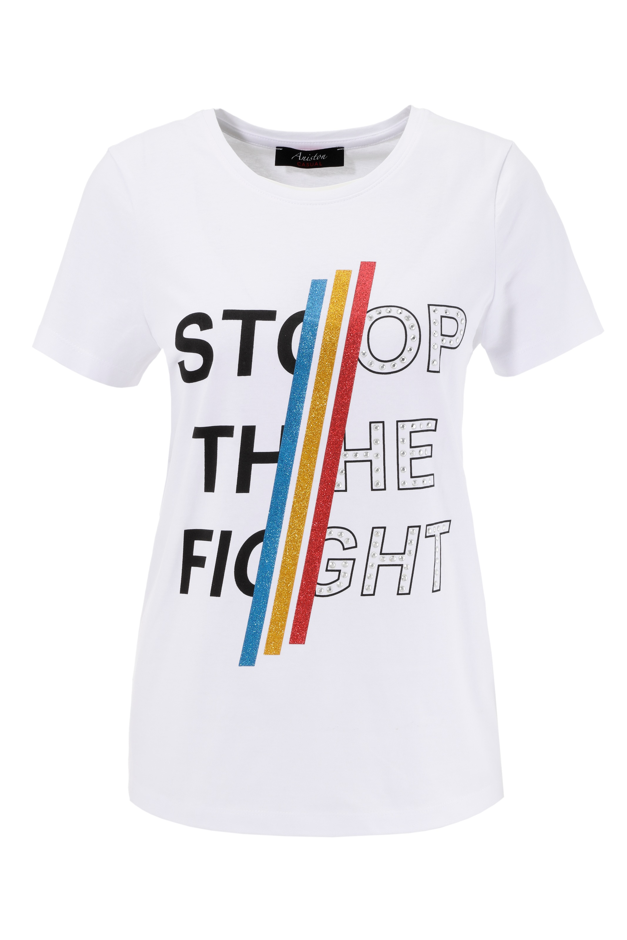 Aniston CASUAL Print-Shirt, Glitzerstreifen, ♕ Schriftzug bei Nieten bunten mit und