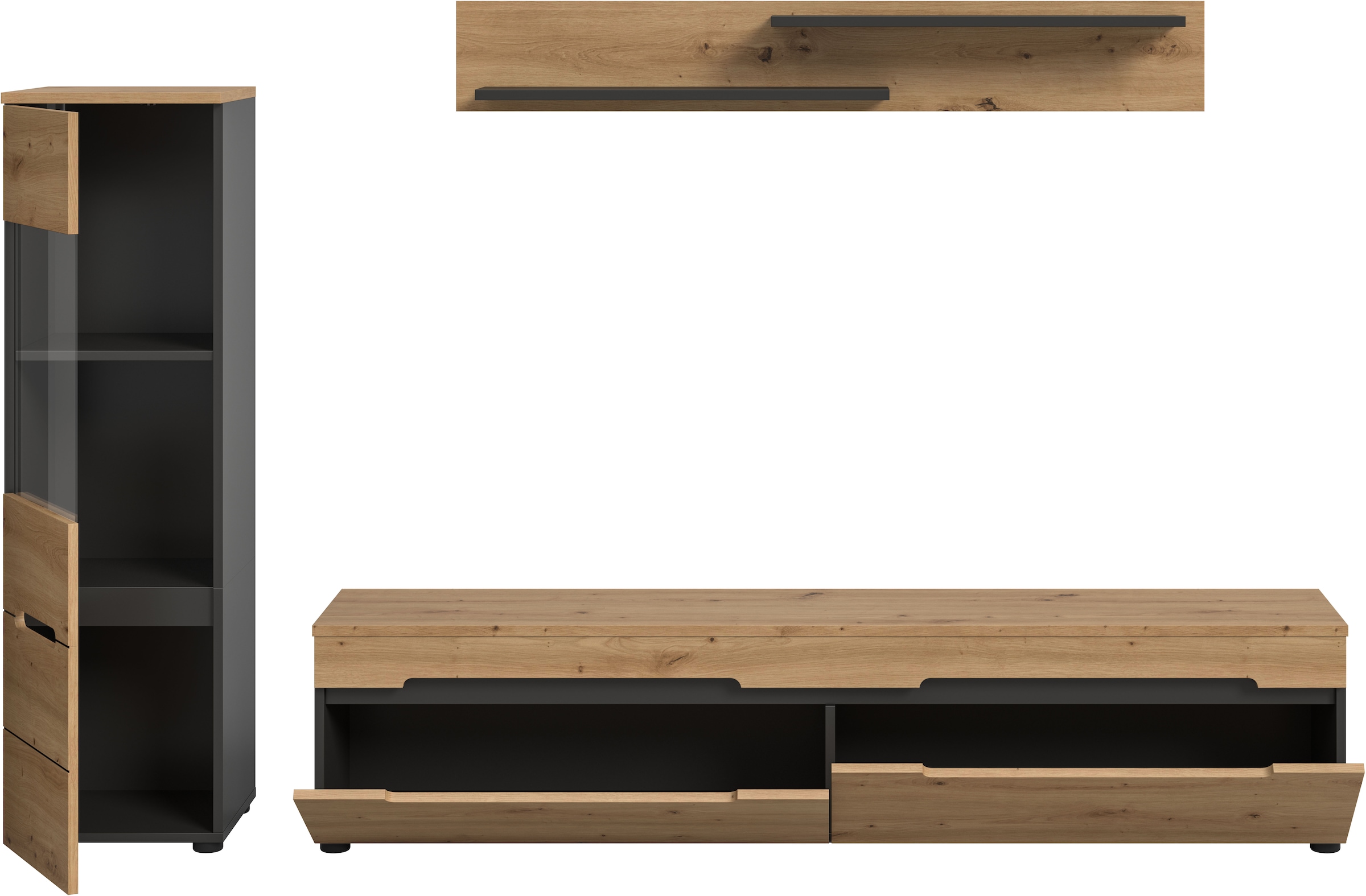 Home affaire Wohnwand »REHAT, TOPSELLER!, 3-teilig, wahlweise stehend und hängend montierbar« Set bestehend aus: Vitrine, Lowboard und Wandboard, 2 Stk. tlg.