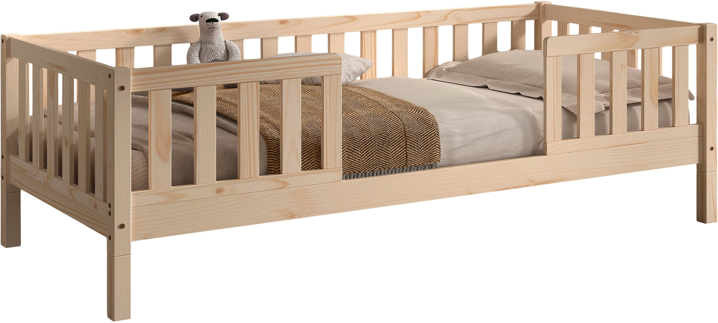 Vipack Kinderbett »Dallas, massiv Bett, Rausfallschutz, umbaubar vom Boden- zum Daybett« inkl. Rolllattenrost und Sprossenumrandung, 90 oder 140x200 cm breit,  stabil und standfest gebaut, wahlweise Kiefer massiv natur oder weiß