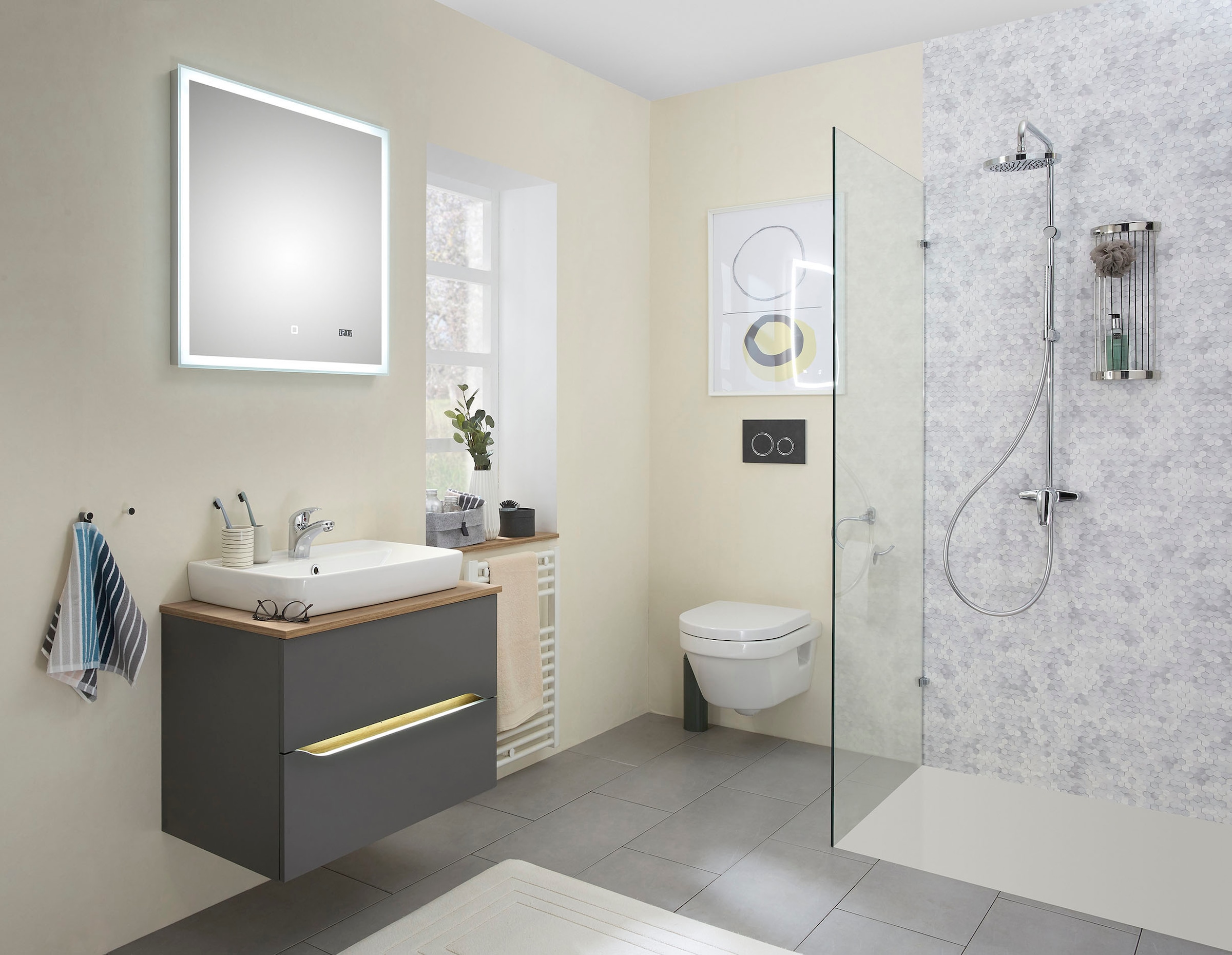 Saphir Badmöbel-Set »Quickset 2-teilig, Keramik-Aufsatzbecken mit LED-Spiegel« 5 Stk. tlg.