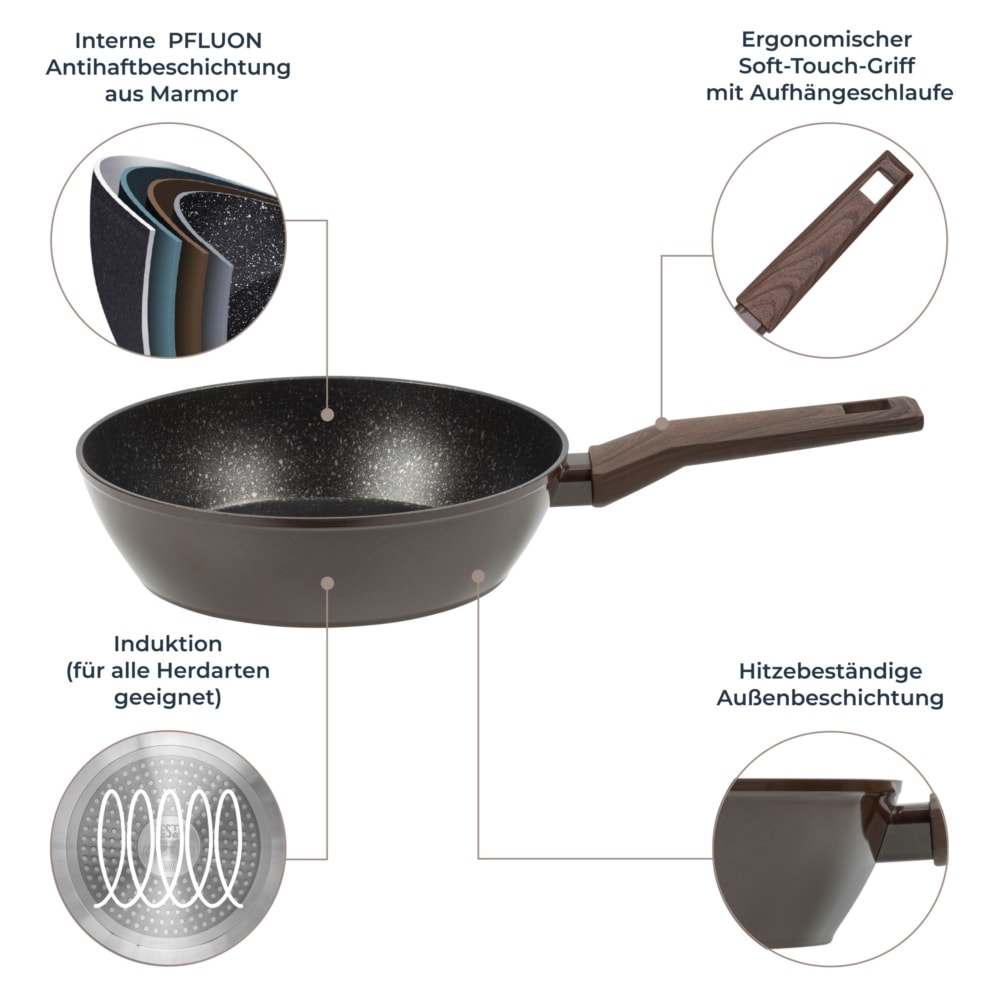 RESTO Kitchenware Bratpfanne »Carina, tiefe Schmorpfanne mit holzähnlichem Soft-Touch-Griff«, Aluminium, (1 tlg.), mit Marmor-Antihaftbeschichtung, 4-lagig, für alle Herdarten geeignet