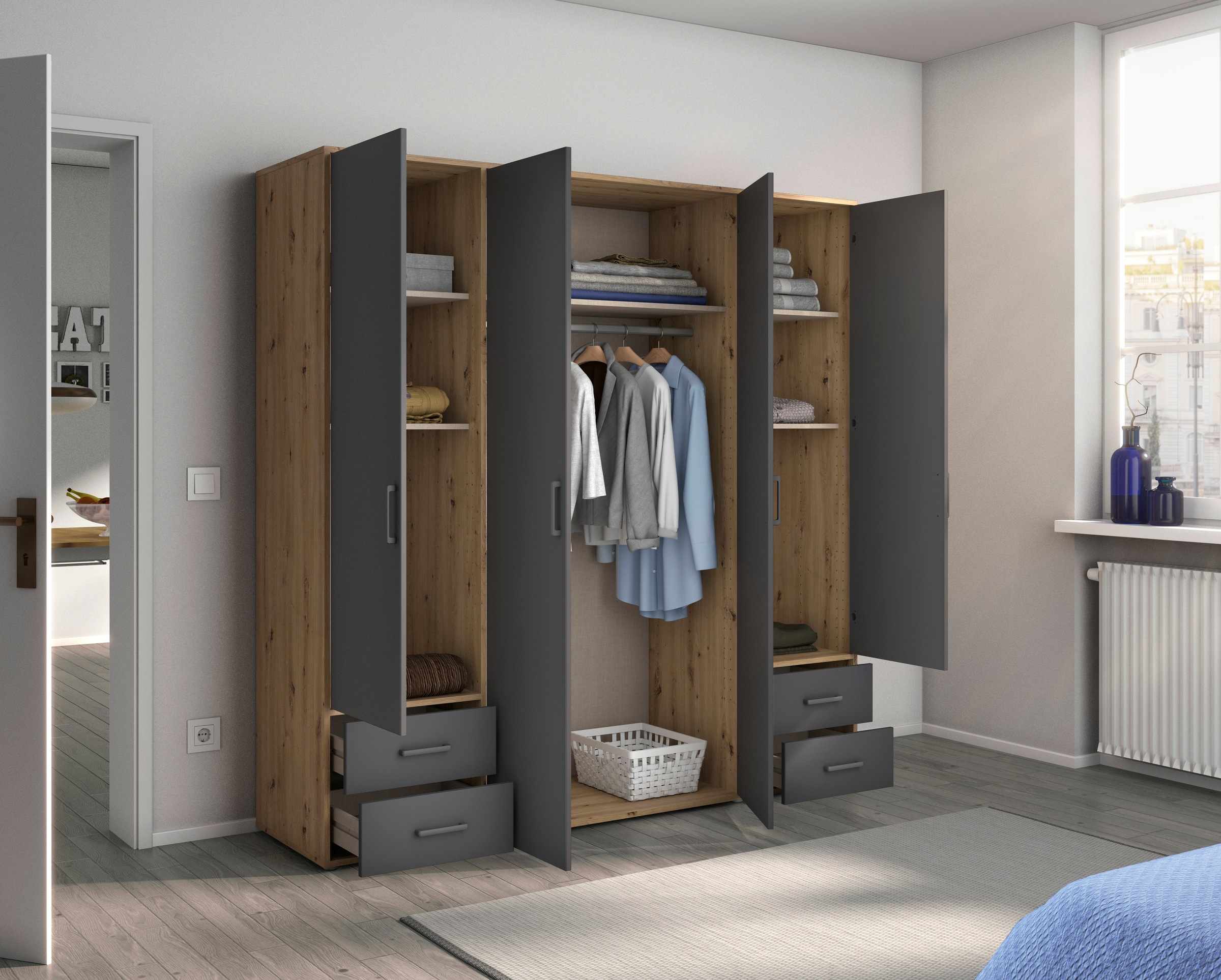 rauch Drehtürenschrank »Kleiderschrank Schrank Garderobe Wäscheschrank VOYAGER«, moderne Griffe in Graumetallic mit Außenschubkästen MADE IN GERMANY