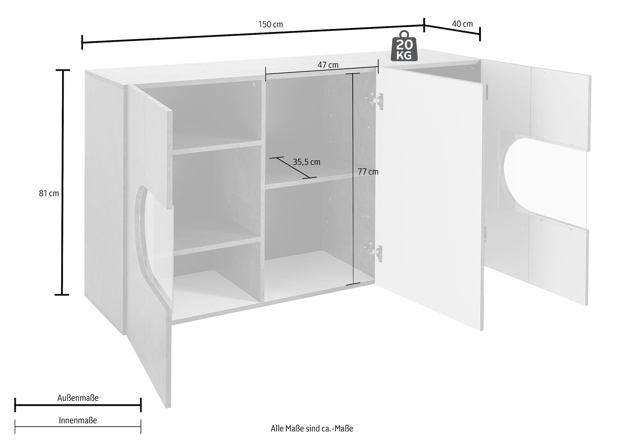 INOSIGN Sideboard »Real,Vitrine,Kommode,Schrank,Breite 150cm komplett hochglanz lackiert«, mit 3 Türen davon 2 Glastüren ohne Griff