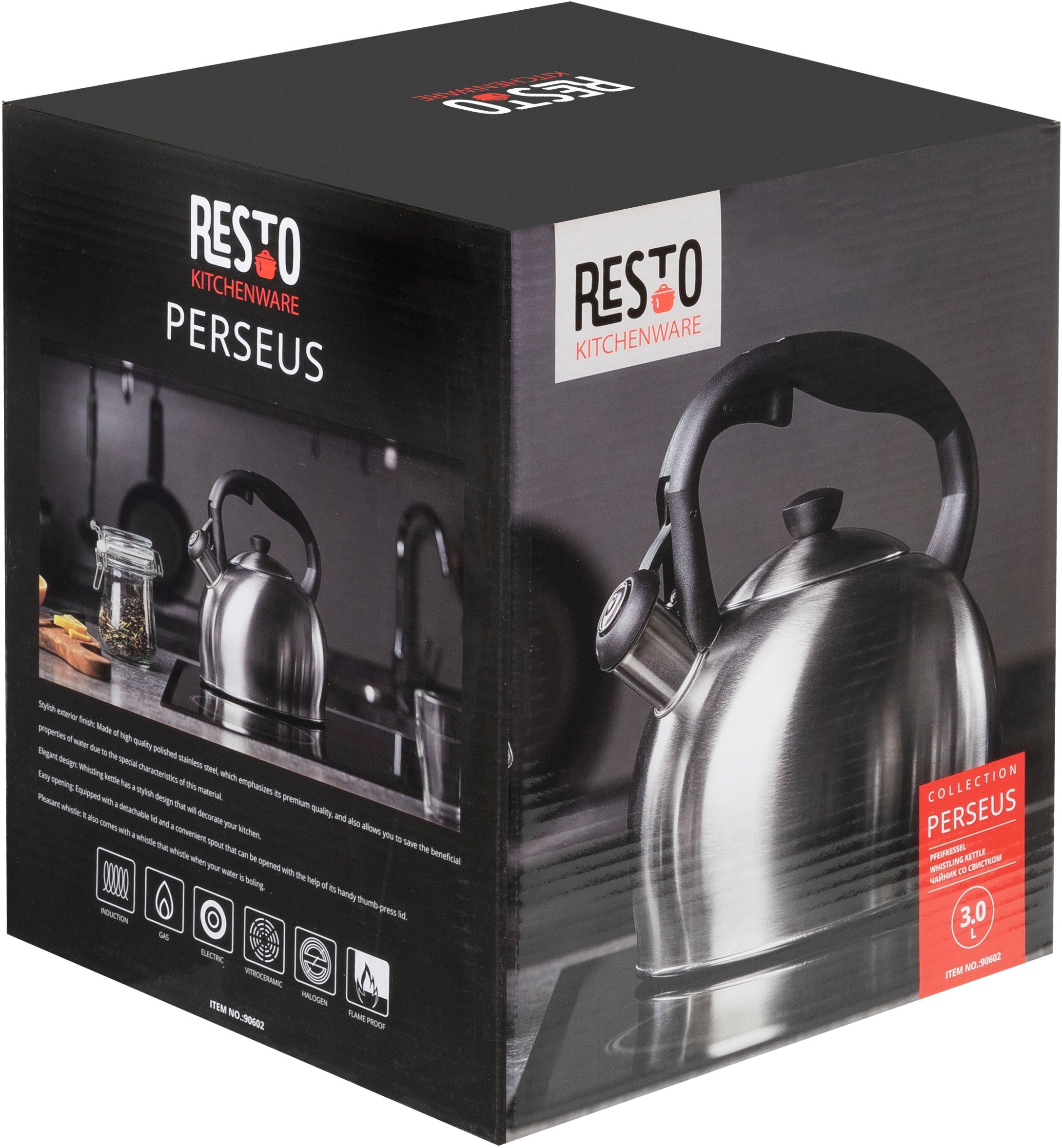 RESTO Kitchenware Wasserkessel »Perseus, Flötenkessel 3 l m. wärmespeicherndem Boden im Geschenkkarton« 1 Stk. tlg. Edelstahl