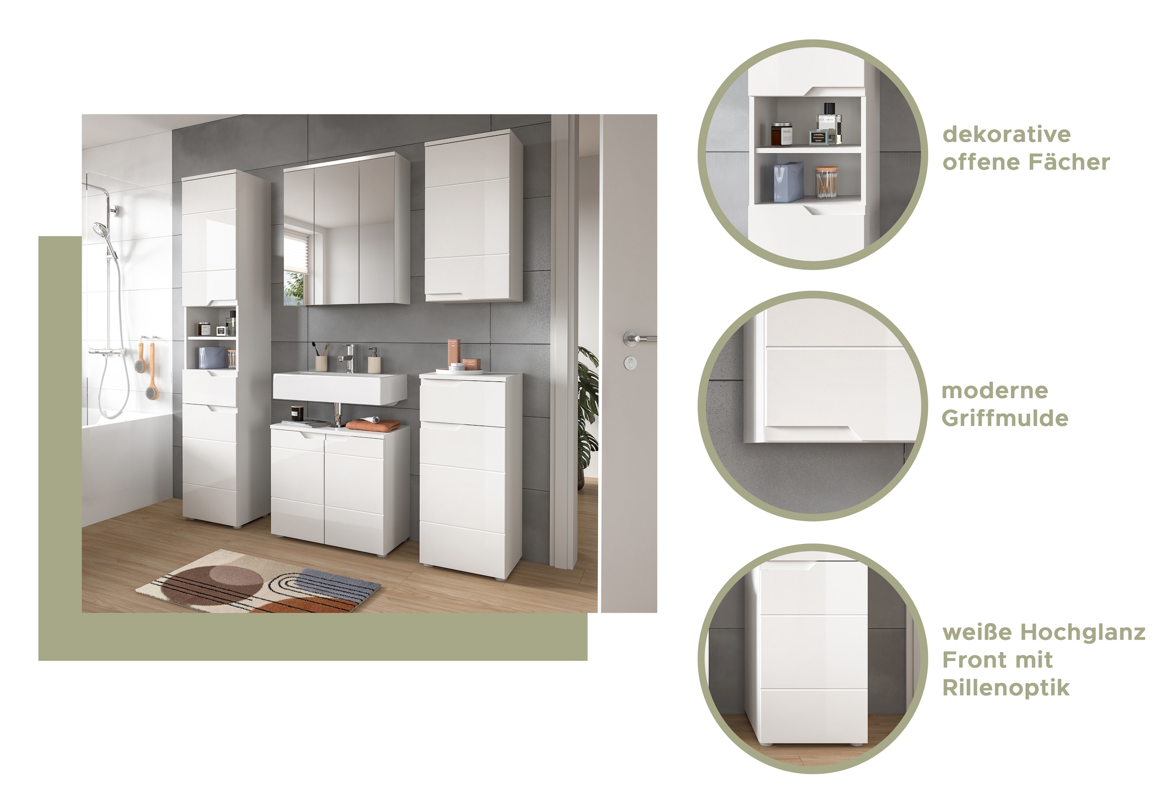 INOSIGN Badmöbel-Set »CAPRI, 4-teilig, mit eingefasster Griffmulde, bestehend aus:«, Waschbeckenunterschrank, Spiegelschrank, Unterschrank und Hängeschrank